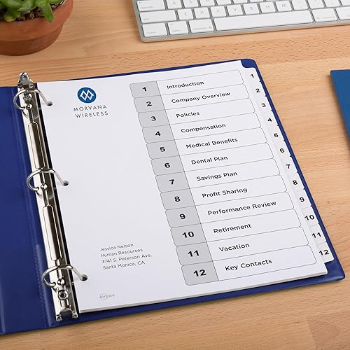 Miniatura 6 de Avery Separadores de 12 pestañas para carpetas de 3 anillas, tabla de contenido personalizable, pestañas blancas clásicas, 1 juego (11140)