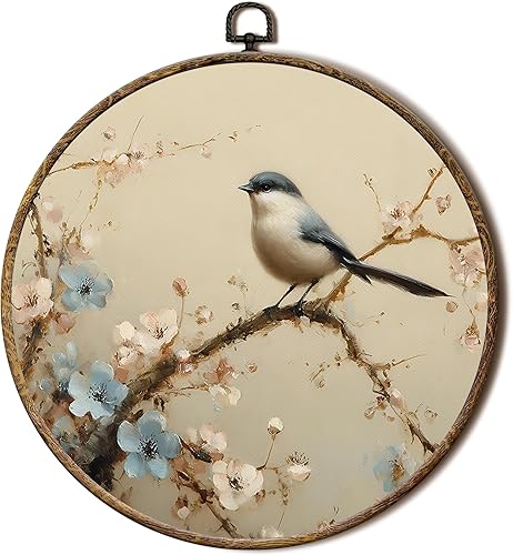 FSTCSV Arte de pared redondo con diseño floral vintage de pájaros, cuadros de pájaros y flores, impresiones en lienzo para colgar en la pared,