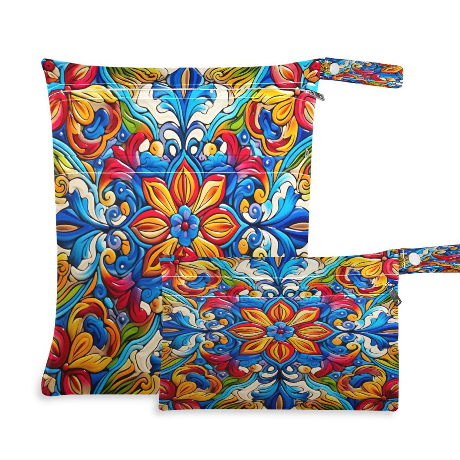 ATTX Mexican Ceramic Tile Wet Dry Bags 2-Pack - Reusable Cloth Diaper Storage for Travel, Beach & Gym | Multi-Use Waterproof Bags for Swimsuits, Baby Clothes, Sports Gear#328
