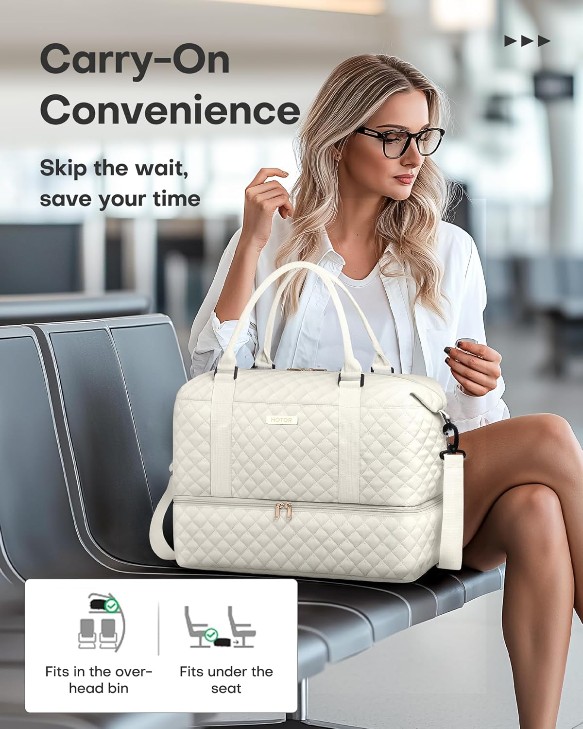 HOTOR Travel Duffel Bag - Weekender Bags for Women, Gym Tote Bags with Shoe Compartment, Carry On Overnight Bag with Toiletry Bag for Travel Essentials and Travel Accessories, Beige, 13.4"×17.3"×7.9" - Image 7