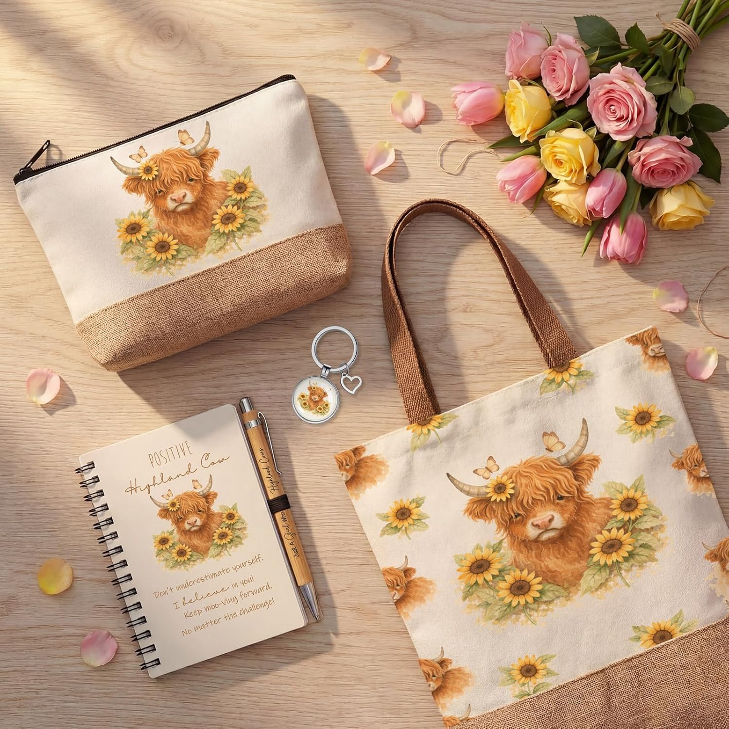 Sadnyy 6pcs Highland Cow Gift Sets for Women Highland Cow Unique Gift Set with Novelty Socks Makeup Bag Keychain Notebook Tote Bag and Pen for Mom Animal Lover Birthday Gifts