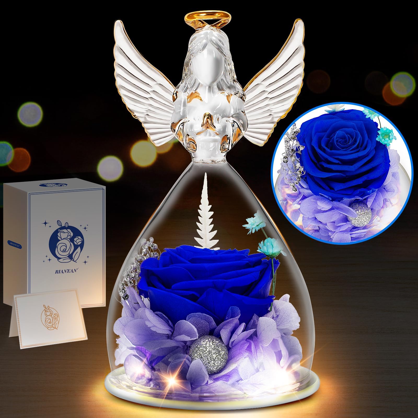 Mothers Day Rose Gifts for Grandma, Womens Angel Blue Rose Gifts on Birthday for Her, Mother's Day Roses Gift Ideas for Wife, LED Light Preserved Rose in Glass Angel Figurines, Mom Gifts from Daughter