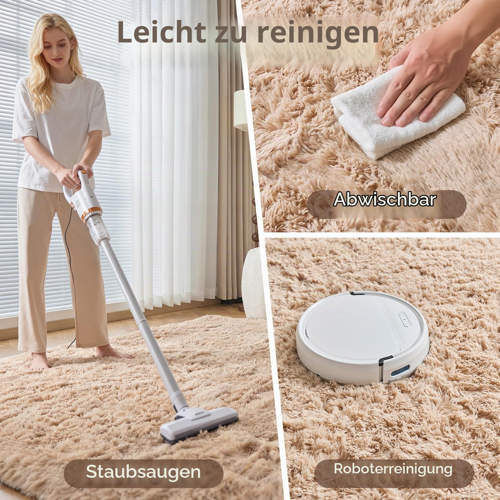 CHOSHOME Teppich Wohnzimmer Beige Schlafzimmer Teppiche Modern Flauschig Weich Teppich Wohnzimmer Läufer Carpet Langflor Shaggy Einfarbig Bettvorleger Anti-Rutsch Unterseite Teppiche 150x240CM