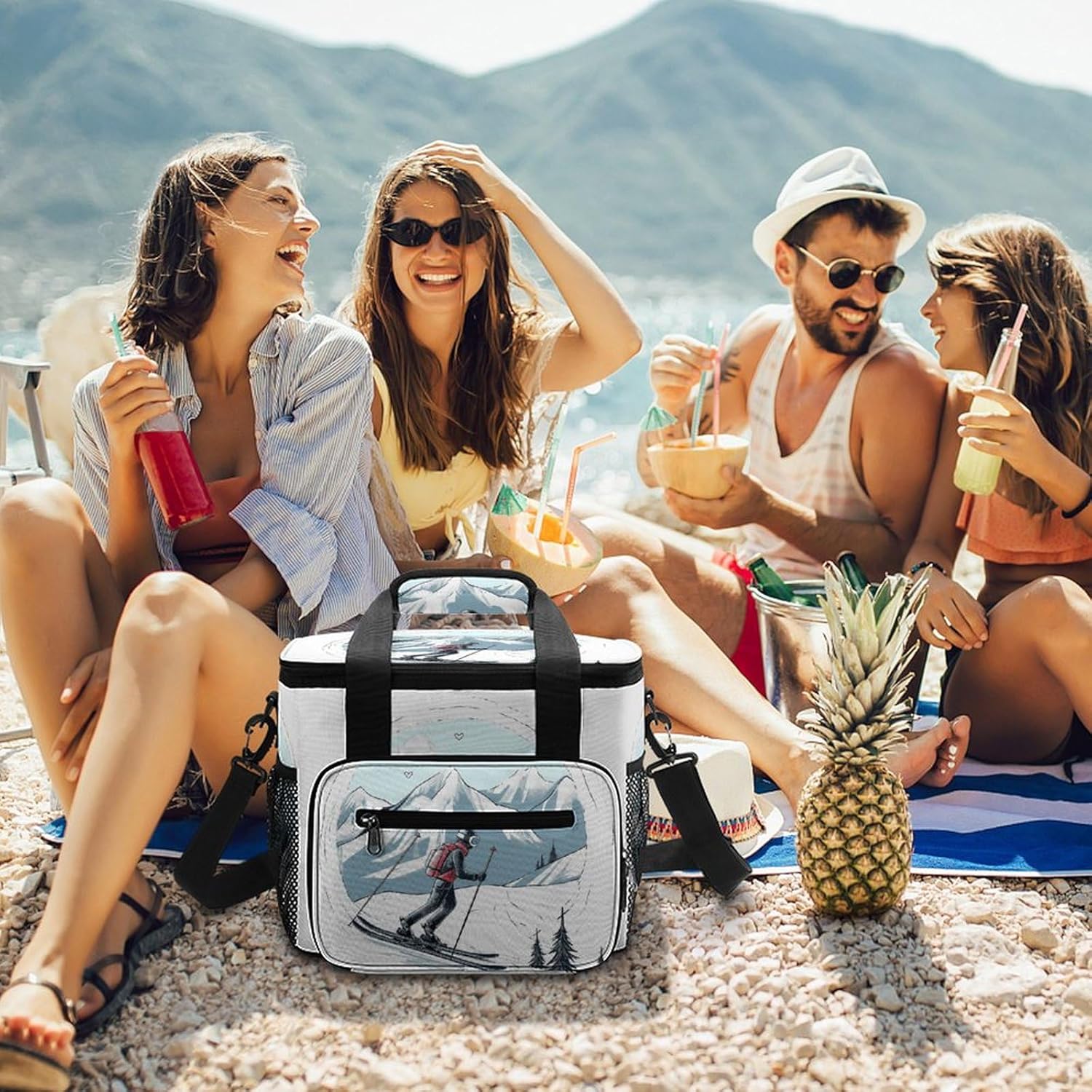 Large-Capacity Oxford Cloth Skiing Theme Printed Camping Ice Bag, Outdoor Portable Insulation and Cold Storage Bag, Enjoy A Cool Camping Time