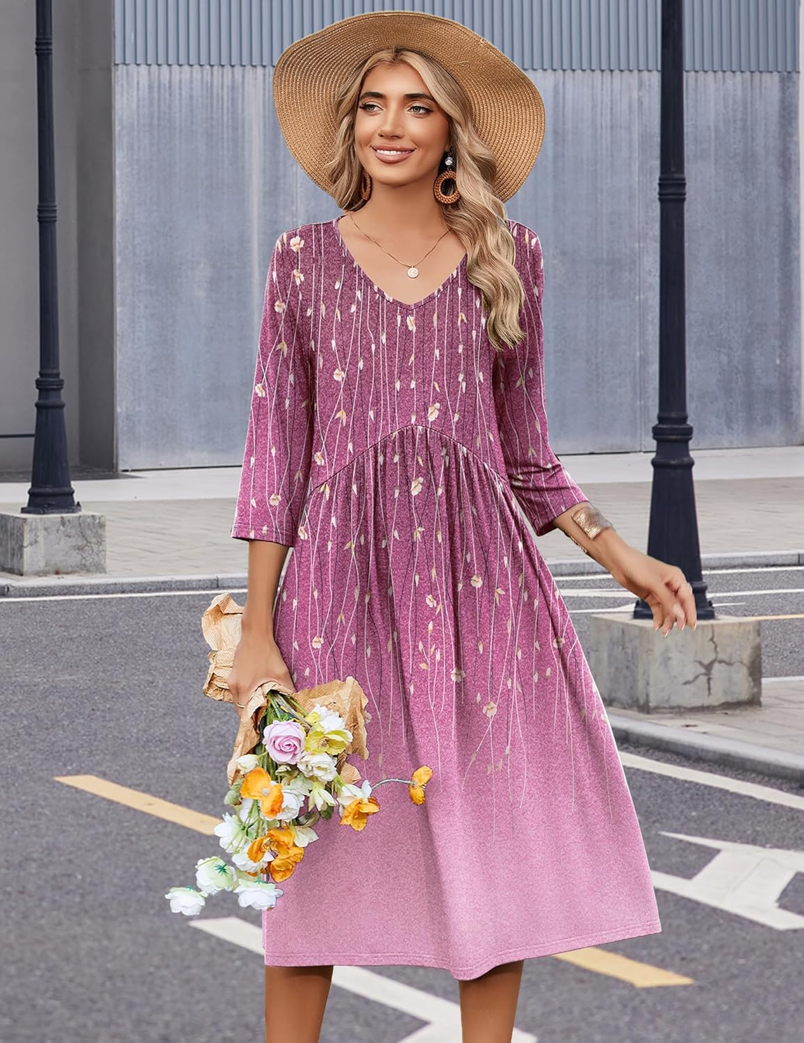 Zeagoo 3/4 Sleeve Women's Dress Casual Midi Tshirt Dresses with Pockets Empire Waist Summer Semi-Formal Boho Beach Sundress - Image 3