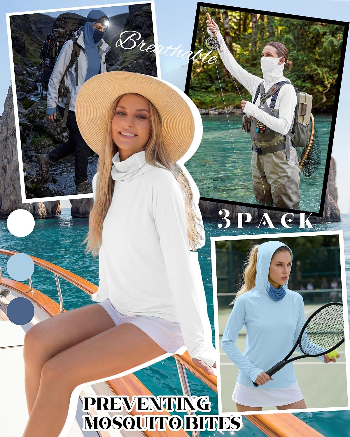 Xaatren 3 Pack Women's UPF 50+ Sun Hoodies with Face Mask Thumb Holes Quick Dry Fishing Shirts UV Protection Hiking Shirt