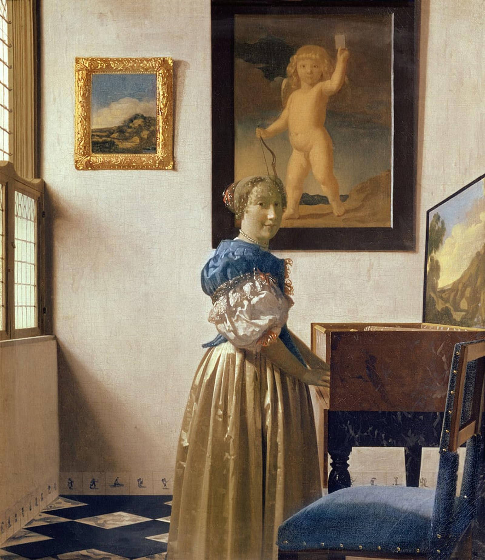 POSTERIIk Vintage Classic Picture Landscape Artwork A young woman standing at a Virginal. by Jan Vermeer van Delft Portrait Canvas Painting for Office Home Decor 60x90cm