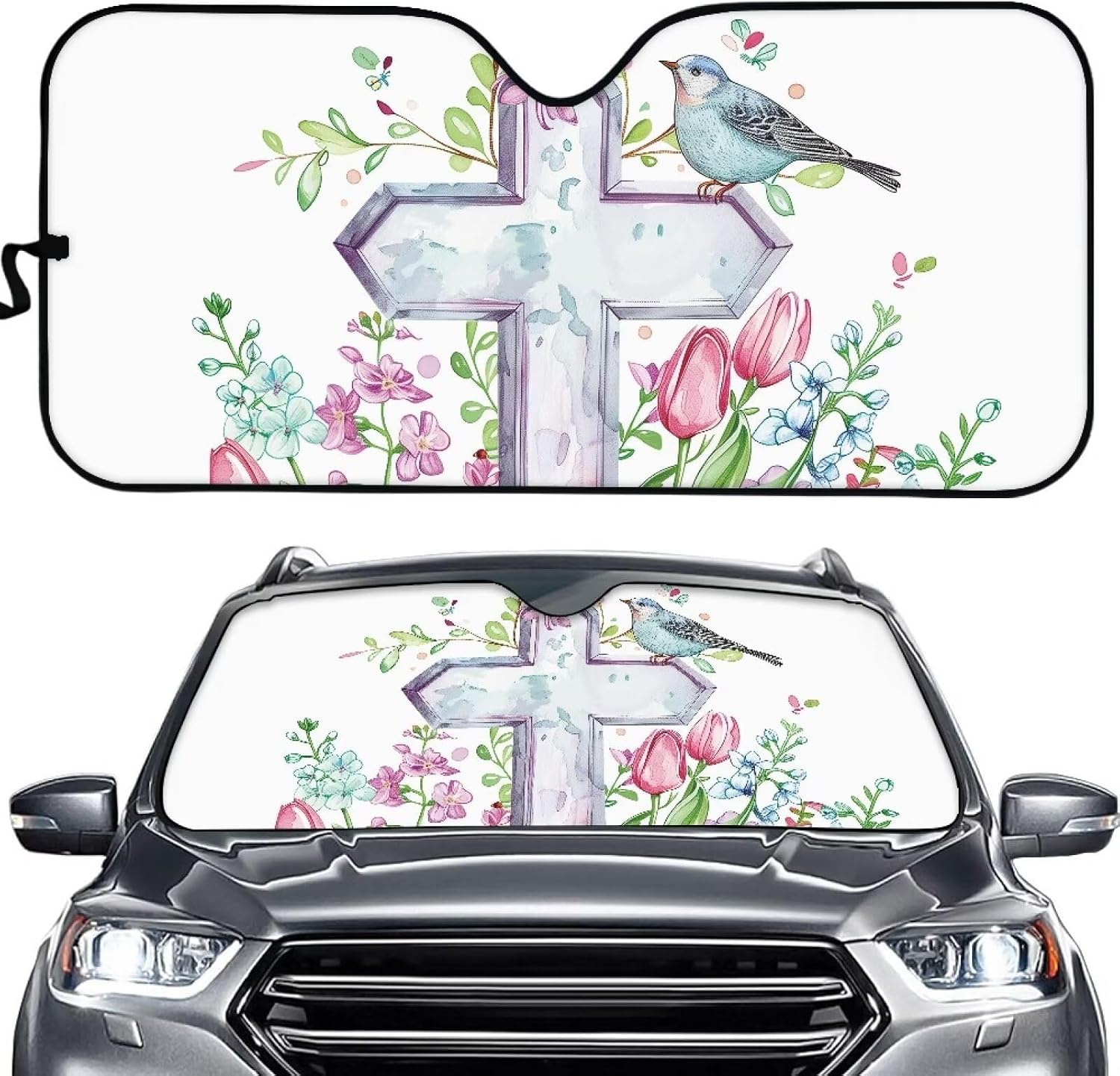 Christian Cross Bird Print Window Sun Shades for Car Sun Screen Protector Foldable Sun Shade Front Window