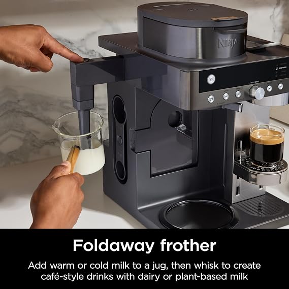 Ninja Prestige 2-in-1 Filter Coffee and Pod Capsule Machine with Built-in Milk Frother, Make Lattes, Iced Coffee and Flat Whites, Gunmetal CFN802UKGM