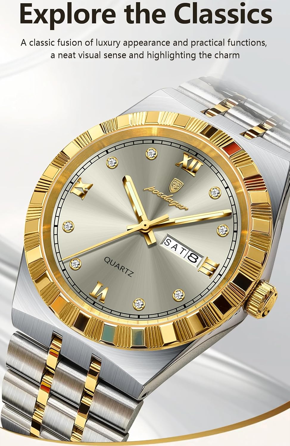 Fashion Business Man Wristwatch Quartz Week Date Watch for Men Casual Waterproof Luminous Diamond Roman Numerals Dial Stainless Steel Men's Watches - Image 4