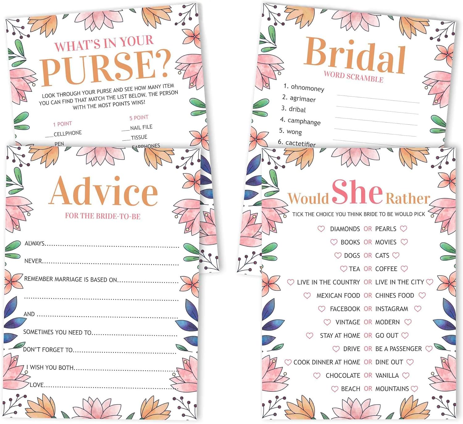 Bridal Shower Games Set of 4(50 Sheets Each) Floral Fun Bachelorette Party Games Set Bundle