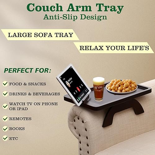Miniatura 6 de Mesa de brazo para sofá, bandeja con clip para reposabrazos con soporte para teléfono, mesa de sofá para sala de estar y dormitorio (nogal grande,