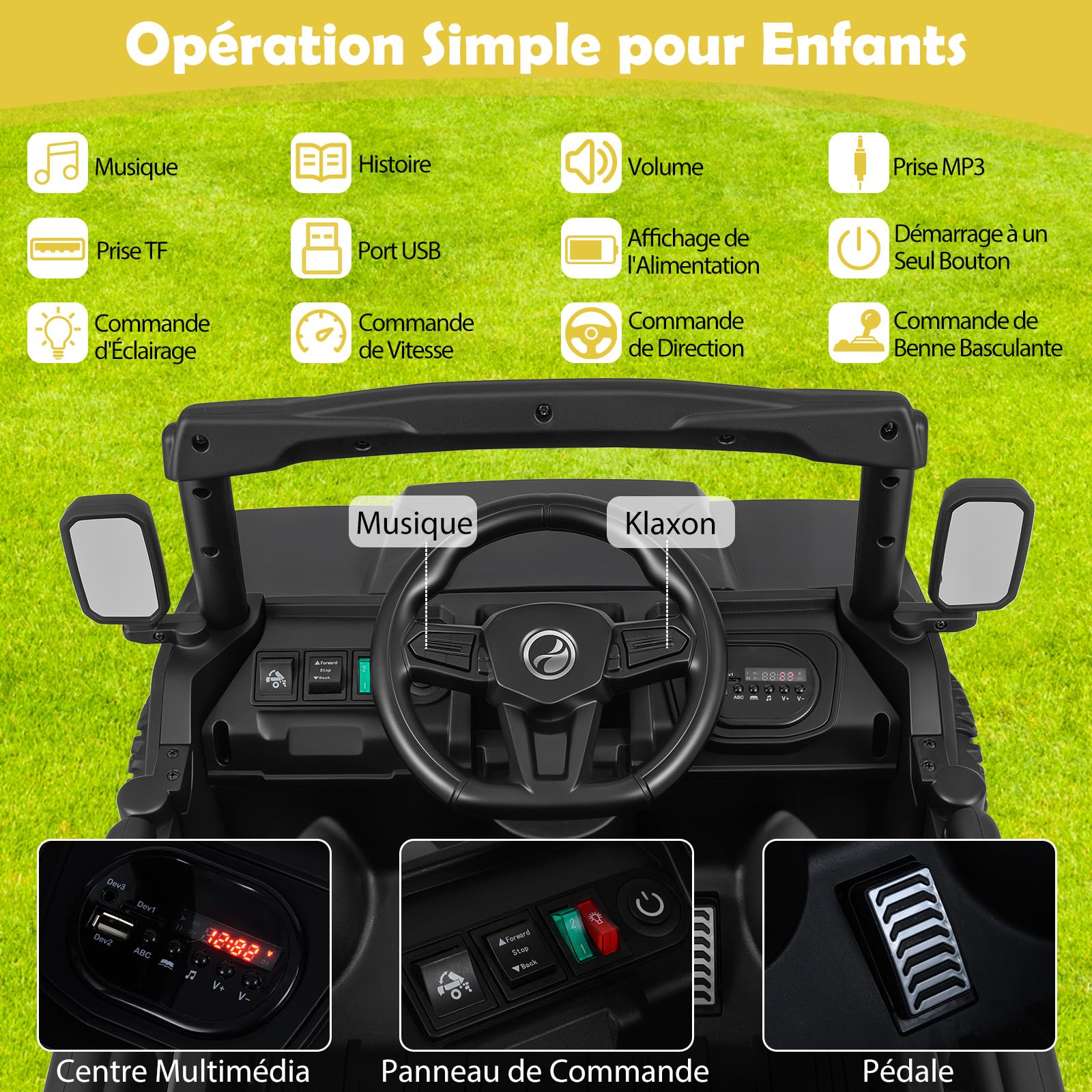 COSTWAY 12V Voiture Électrique Enfant avec Télécommande & Benne, Véhicule Électrique avec Lumières LED & Musique & Klaxon, Démarrage Lent, 3-5 km/h, Charge 30kg,Tracteur Enfant pour 3-8 Ans (Noir)