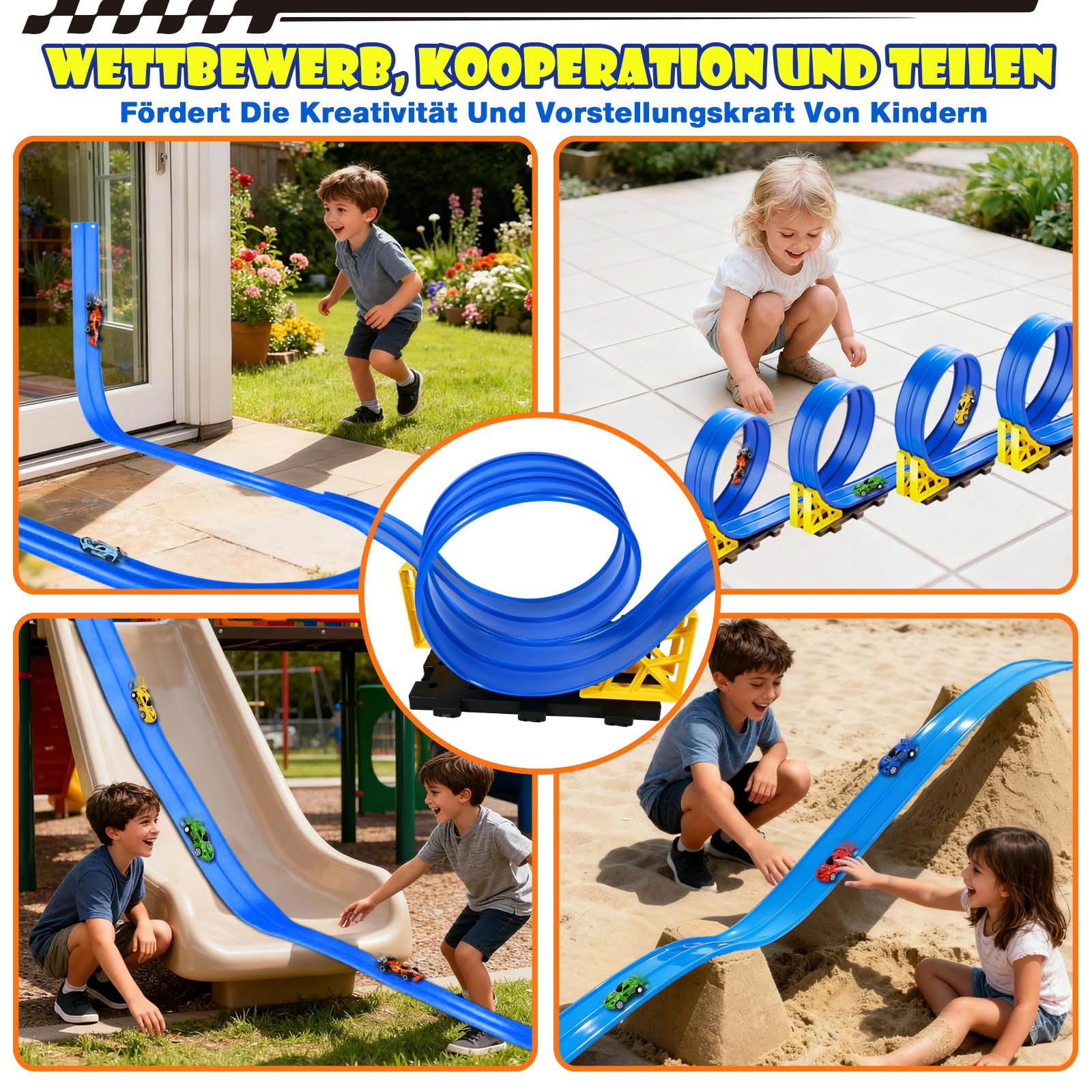 Circuit Voiture Enfant 5M, Piste de Course pour Voiture Double, 1:64 Circuit Flexible Voies avec 6 Voitures, Circuit de Voiture avec Sac de Rangement Ventouse Cadeau pour Garçons Filles (Bleu)