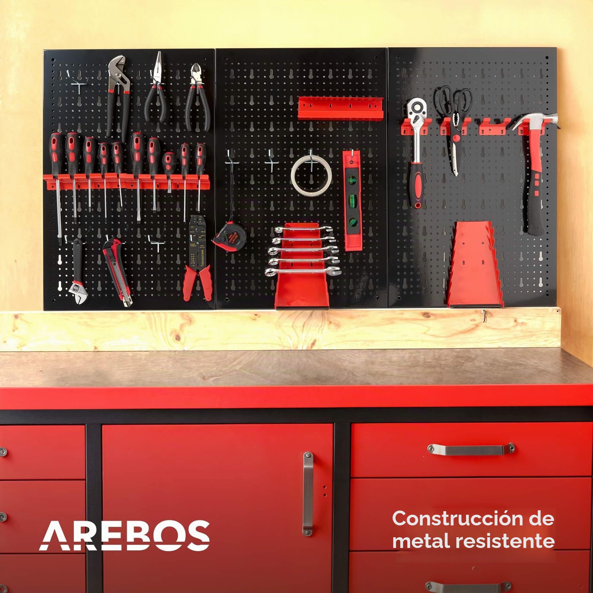 Arebos Panel Portaherramientas de 17 piezas | 117,6 x 59,5 x 2cm | Juego de ganchos y soportes | Pared de herramientas de metal perforado para equipamiento de taller incl. material de montaje | Rojo