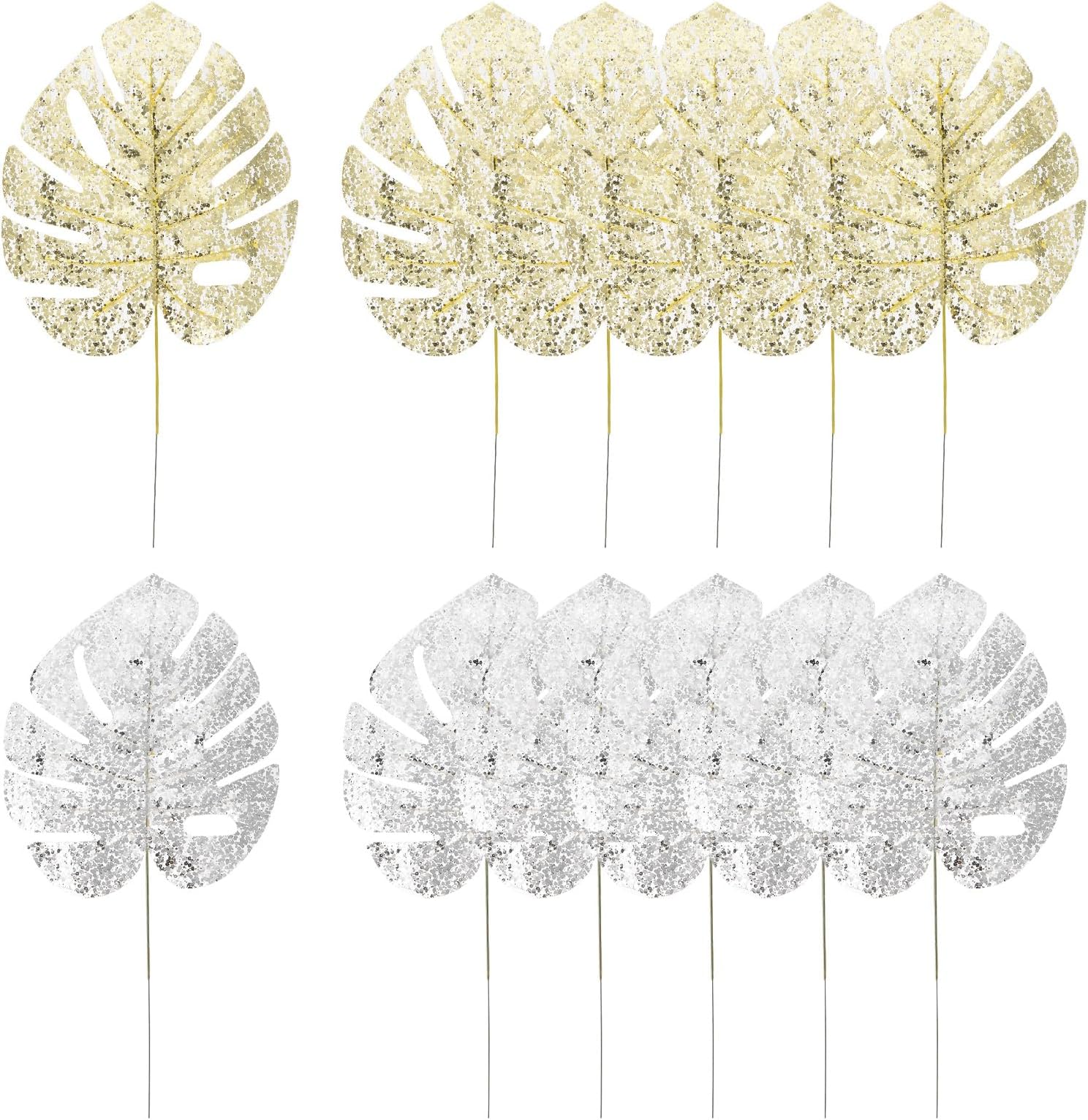 PATIKILSilver Gold Palm Leaves, 12 Pack Artificial Palm Leaves Faux Palm Fronds Fake Palm Leaf Simulation Tree Leaves for Home Hawaiian Jungle Beach Party