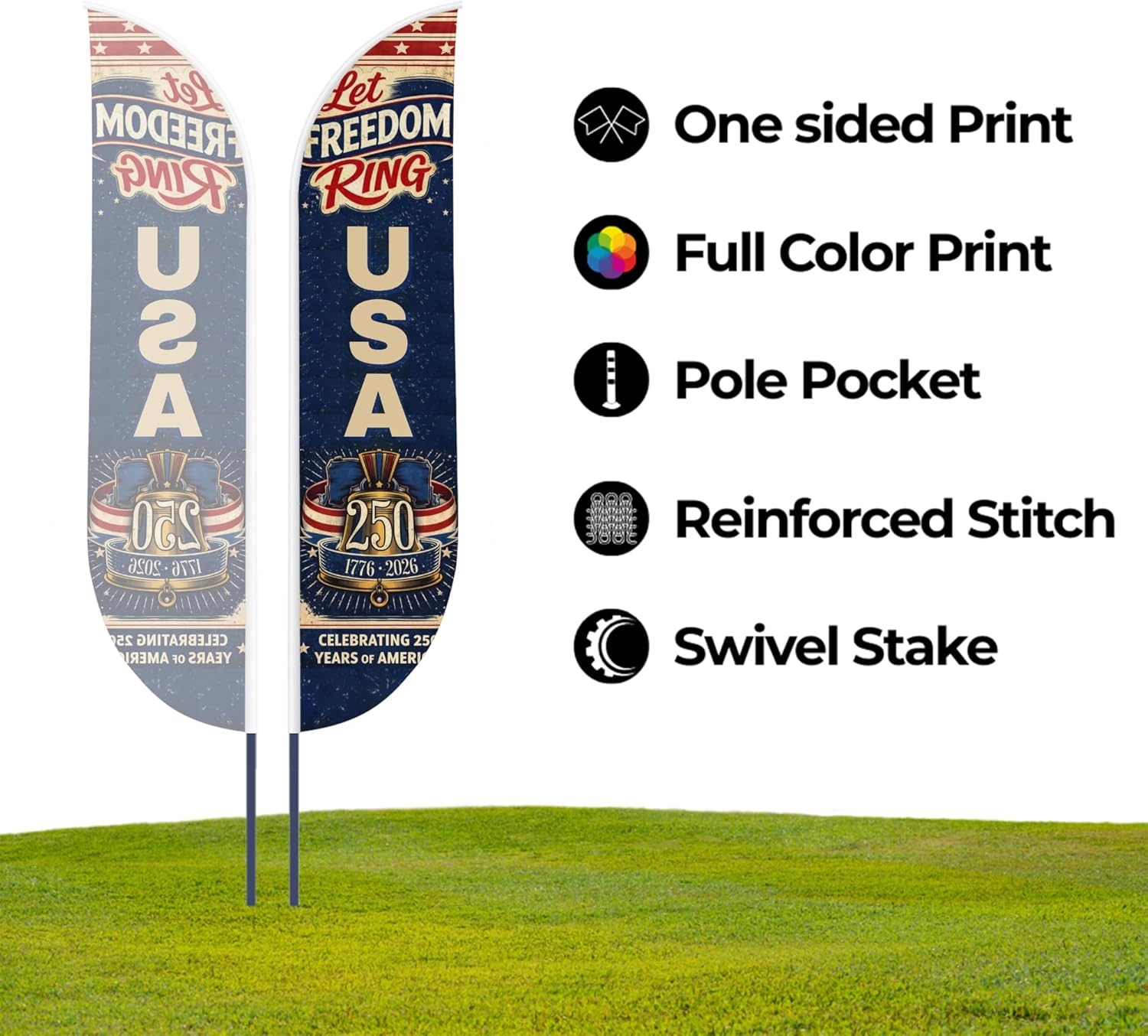 250th Anniversary of USA Independence Feather Flag By Dreamcontroller for Business Outside with Add-On Pole (15ft) & Groundspike| Custom Swooper Flag | HD Print | Made In USA | 11.5x2.5ft