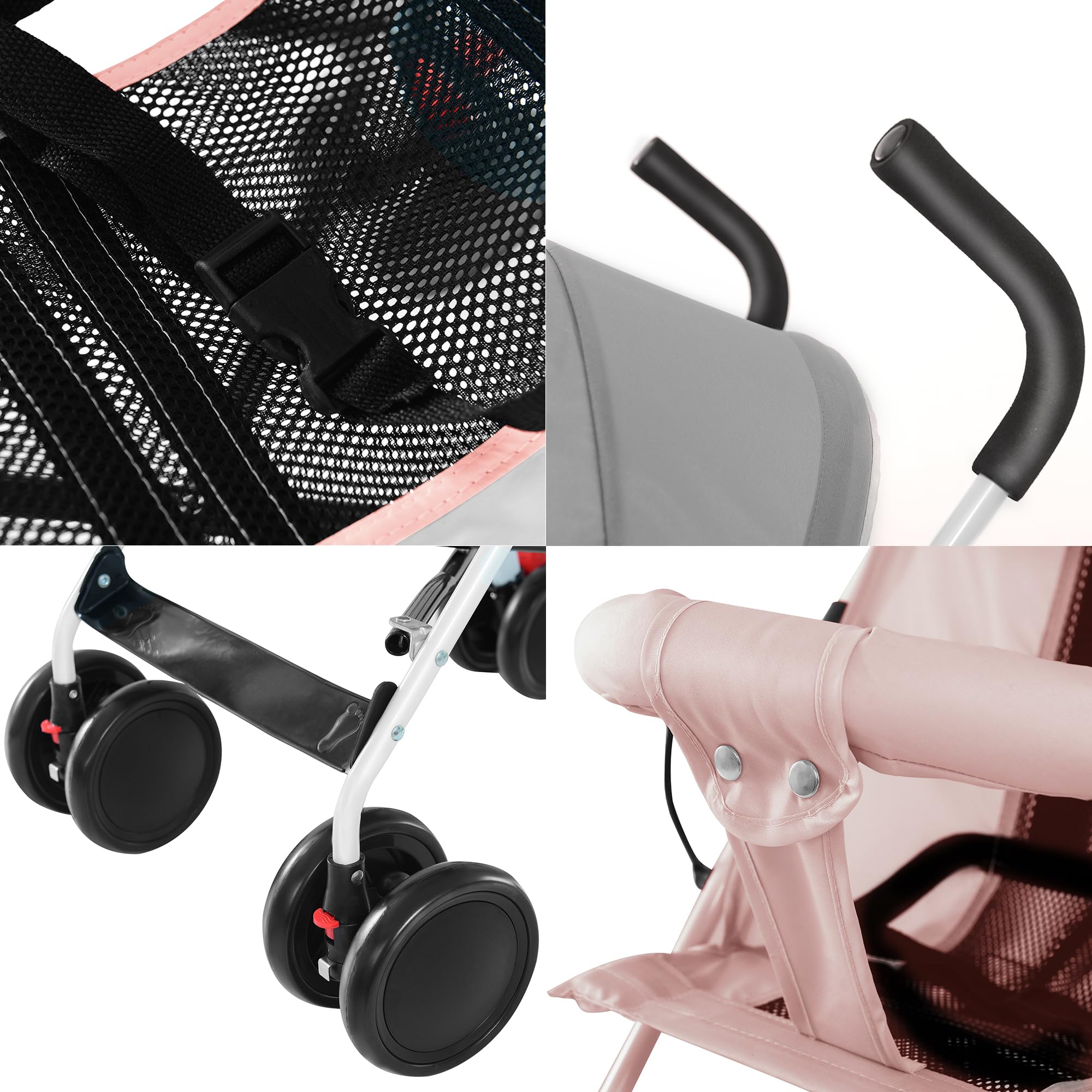 Cochecito compacto y plegable con alfombra fresca, cochecito de viaje plegable para bebé, de 6 meses a 4 años, hasta 25 kg (rosa)