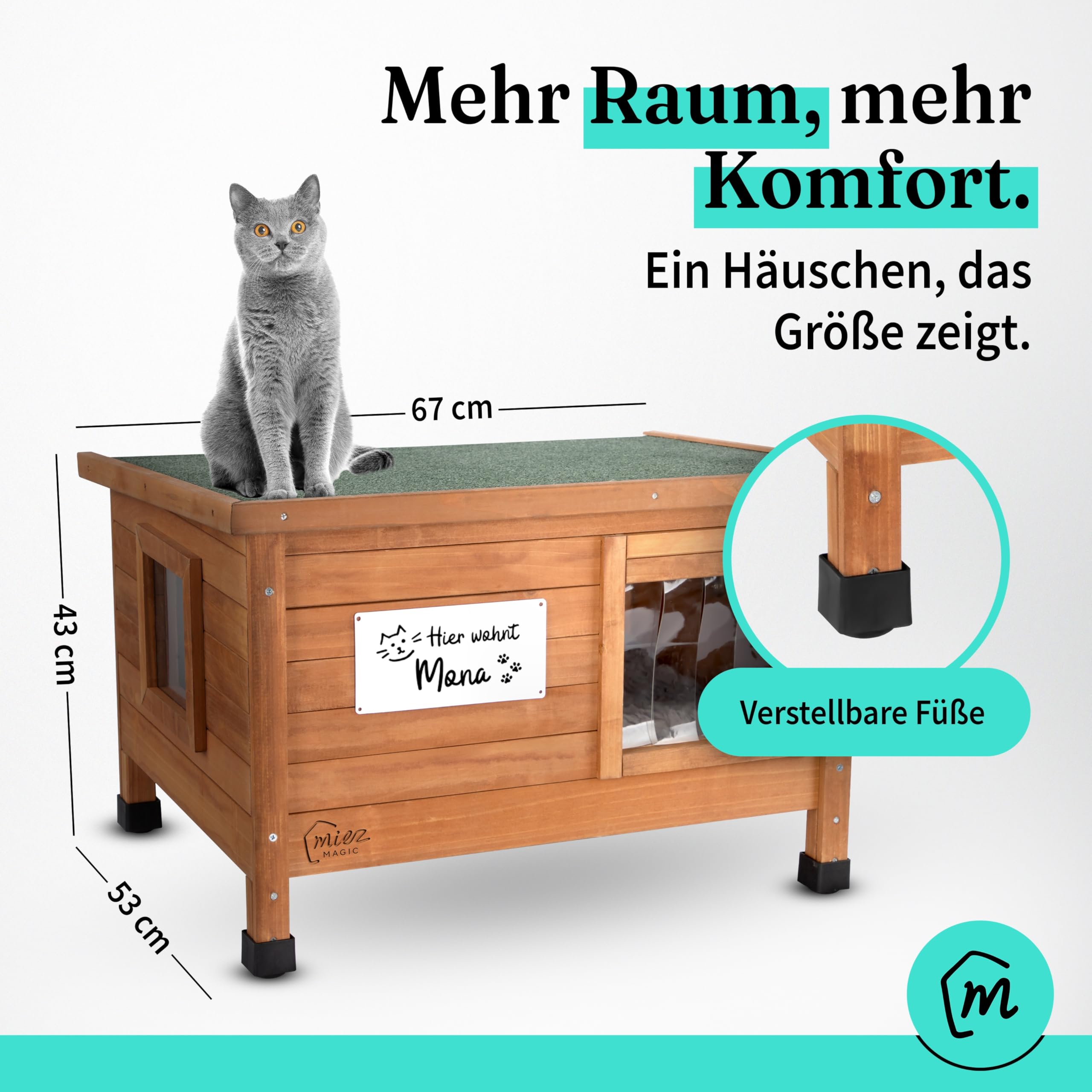 Katzenhaus Outdoor Winterfest isoliert - Robustes Katzenhaus für draussen aus Fichtenholz - Wasserdicht & isoliert mit Dachscharnier - Komfort Katzenhütte inkl. Katzenkissen 67x53x43cm