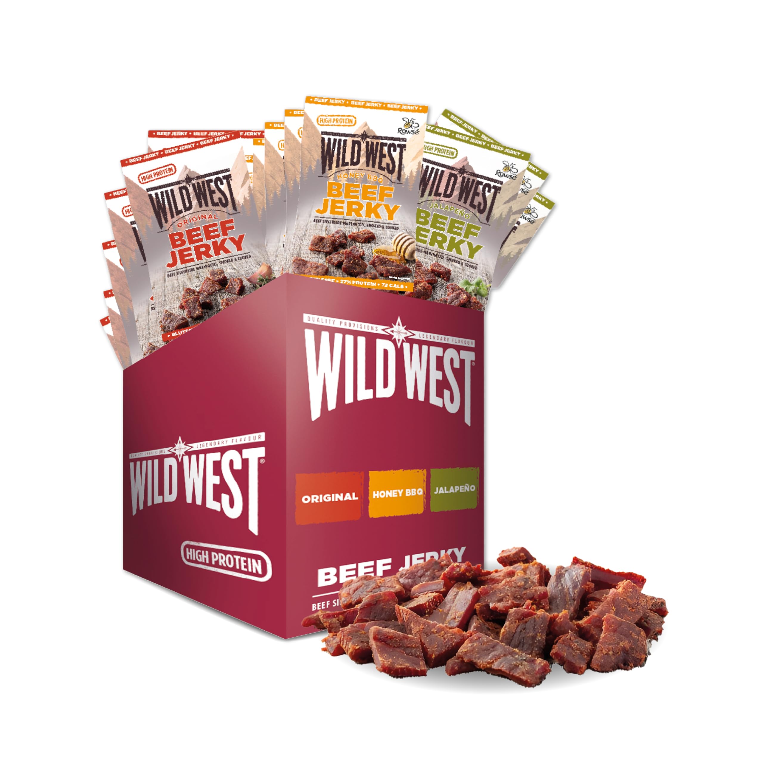 Wild West Beef Jerky, Mix Box 60g, 12er Pack mit 4x Original, 4x Honey BBQ, 4x Jalapeno, Rinderdörrfleisch, Beef Jerky high Protein Trockenfleisch, Protein Snack