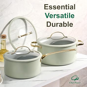 Chef Power Ceramic Cookware Sets, 10Pcs Pots and Pans Set Non Stick, Cookware Set with Stainless Steel Handle, Dishware & Oven Safe, Sage Green and Granite Grey