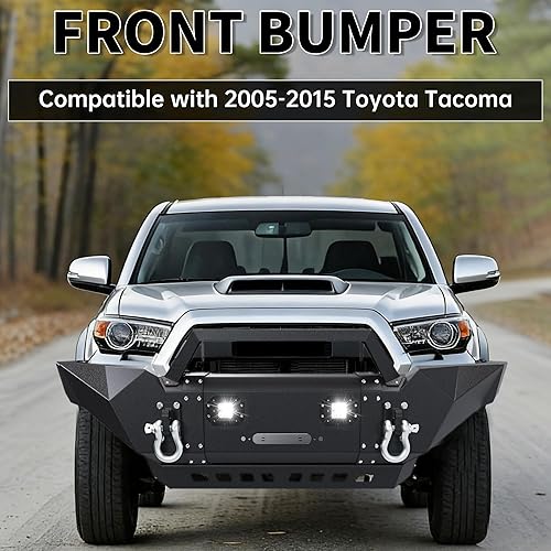 Miniatura 2 de KUAFU Parachoques delantero compatible con Toyota Tacoma 2005-2015 con placa de cabrestante, luces LED, anillos en D, acero negro con recubrimiento