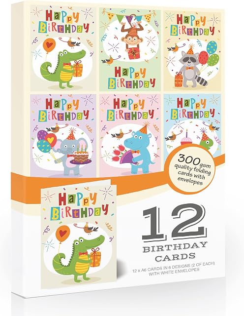 Olivia Samuel 12 x Kids Animal Fun Birthday Card Pack Includes envelopes. Made in the UK