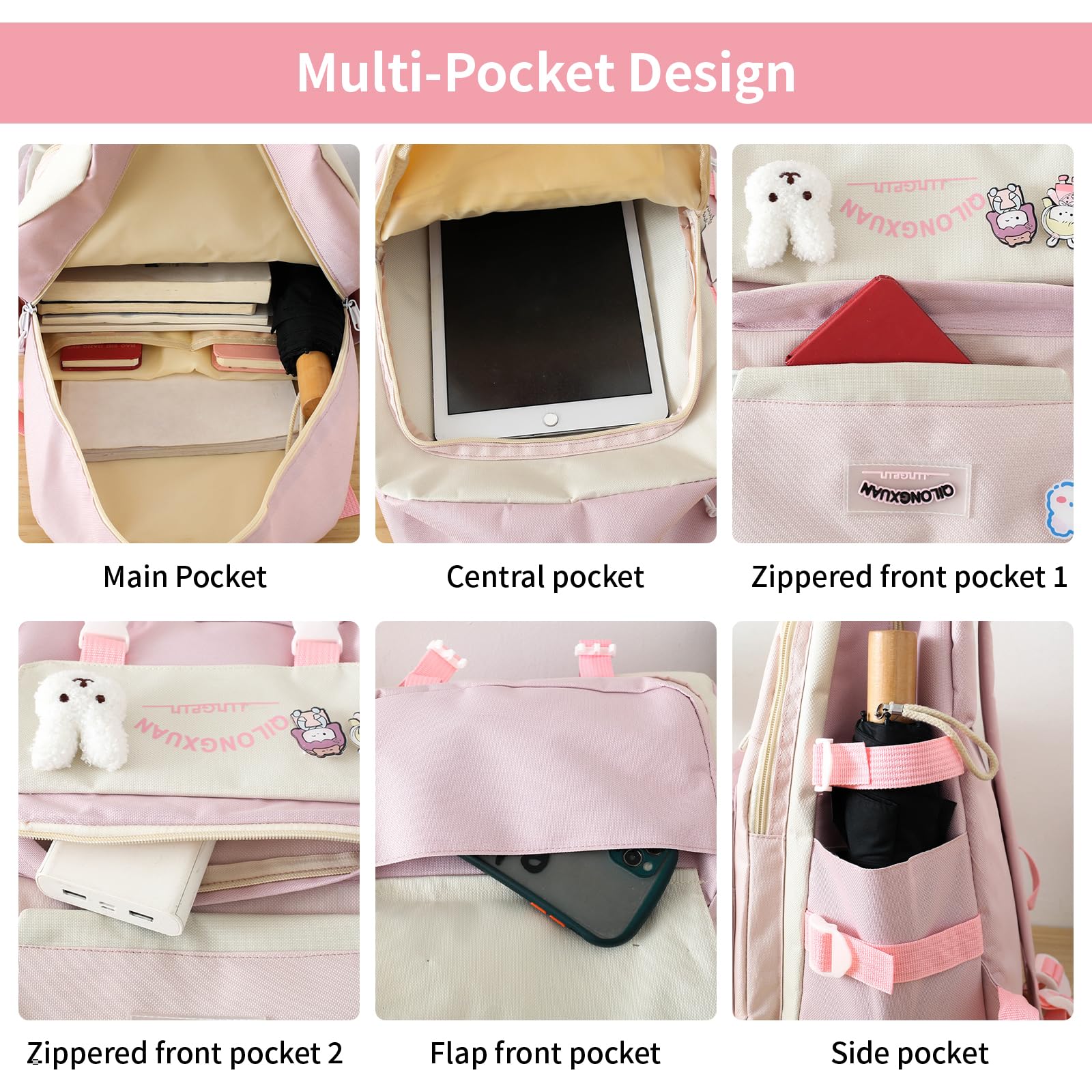 IvyH Cartable Fille Primaire 5 pièces, Sacs à Dos pour Filles 8-16ans, Sets de Sacs Scolaires avec Sac à Provisions Trousse à Crayons, Sac à Dos Voyage Kawaii 45cm, Rose