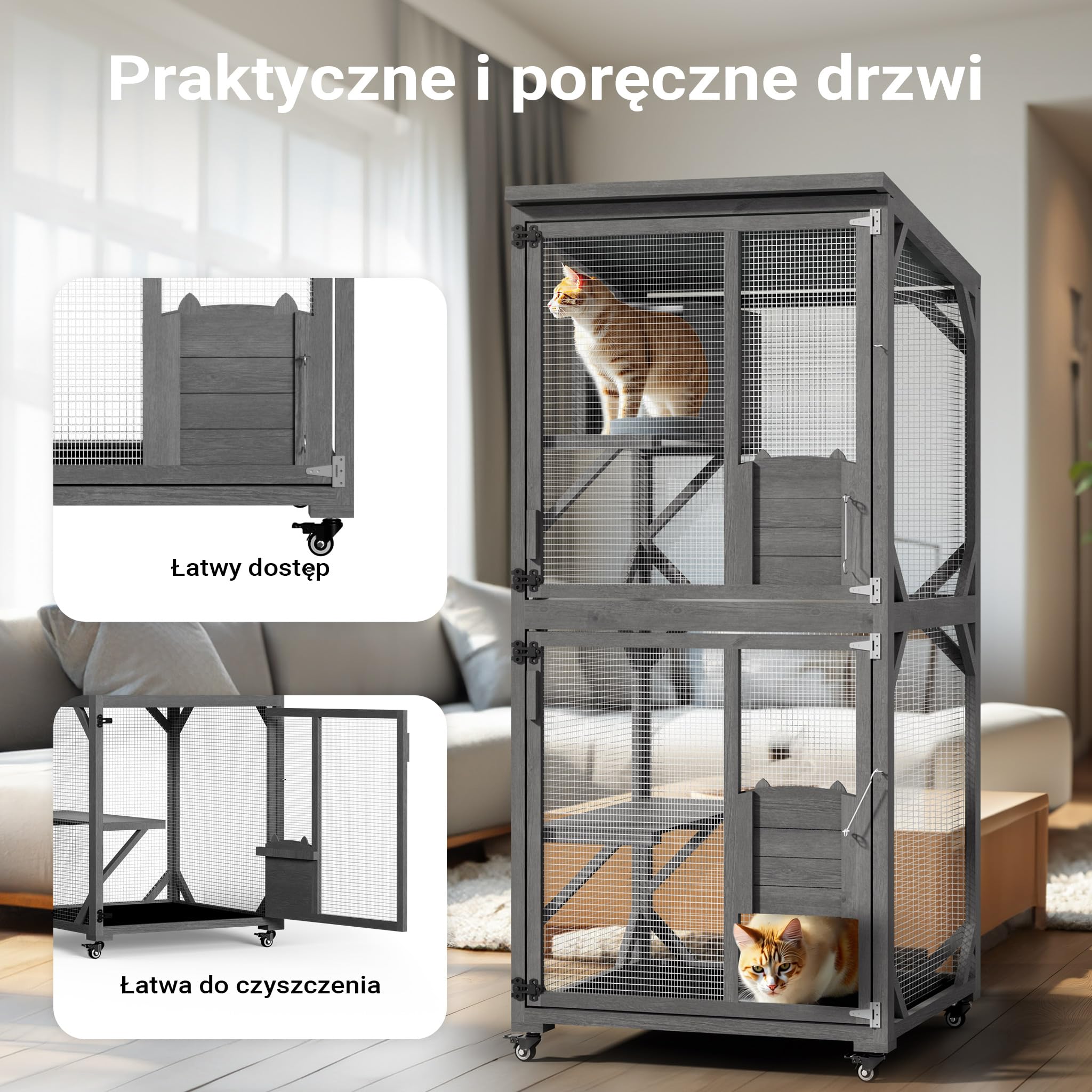 Wiltec Woliera dla kota 74 x 78 x 180 cm, z drewna na balkon i do ogrodu, wybieg z 3 poziomami i domkiem, całkowicie otwierana