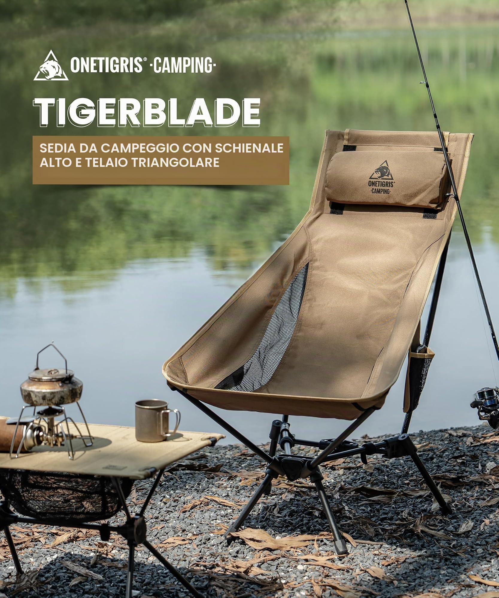 OneTigris TIGERBLADE Sedia da Campeggio Pieghevole con Schienale Alto, 170 kg, Leggera, con Telaio Triangolare e 2 Tasche Laterali