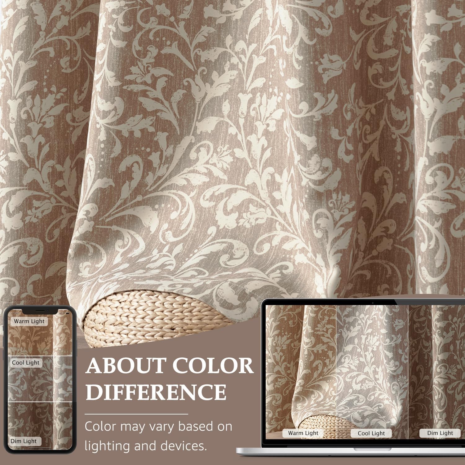 jinchan 80% Blackout Curtains for Living Room, Farmhouse Taupe Drapes with Scroll Floral Patterned for Bedroom, Grommet Top Thermal Insulated Curtains, Vintage Country Drapes 84 inch Length 2 Panels