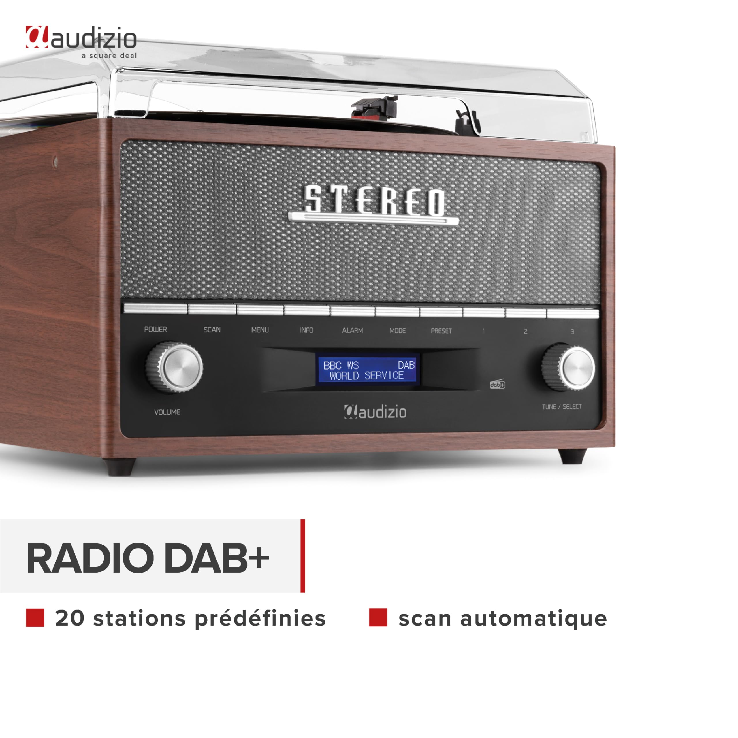 Audizio Frisco Platine Vinyle Bluetooth avec Radio Dab+ Intégrée - Marron, Radio Dab+ et FM avec Haut-Parleur Intégré, 33, 45, 78 Tours, Idéale pour écouter Vos vinyles préférés