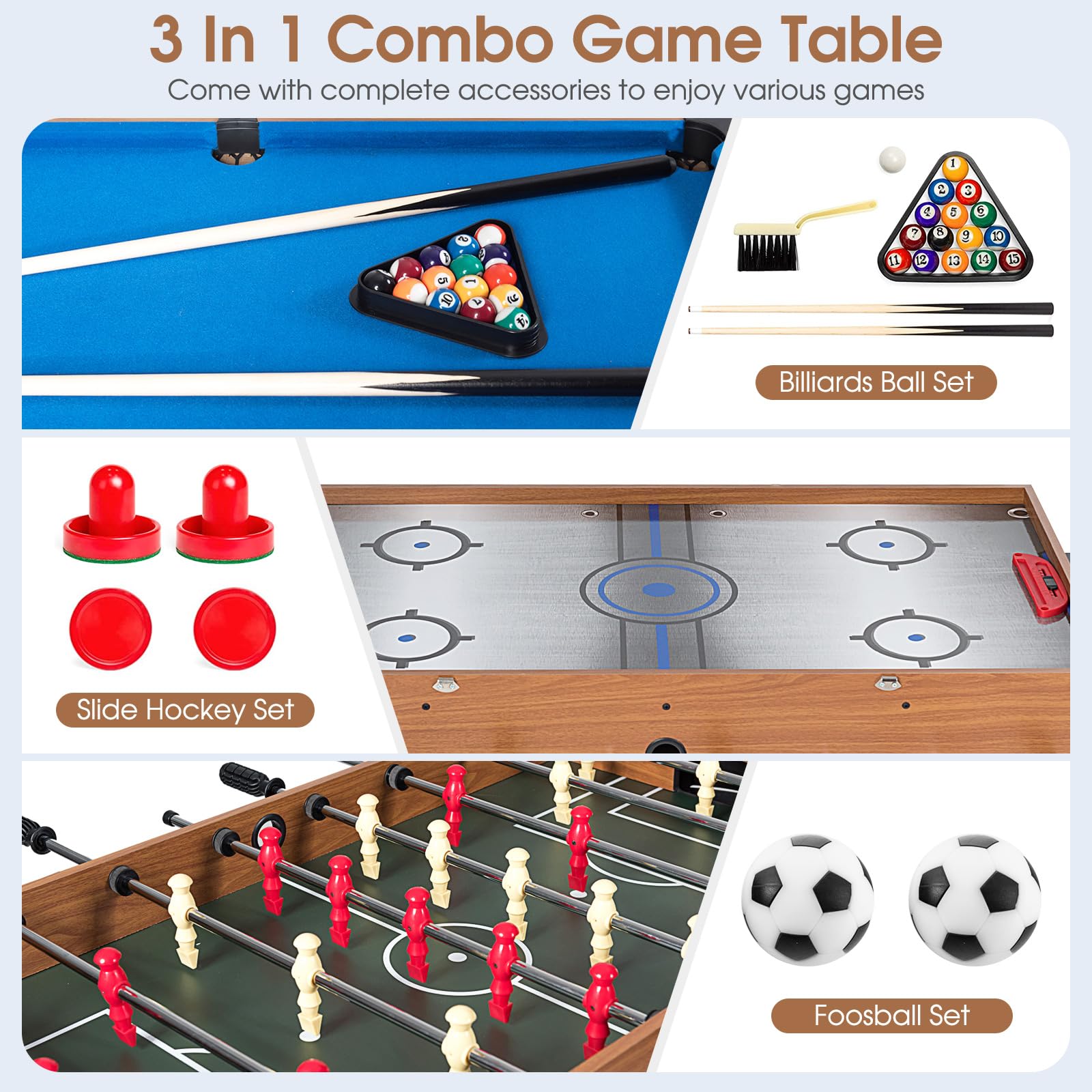 KOTEK Multi Game Table, 3 in 1 Gaming Table w/Foosball, Billiard & Slide Hockey, Combo Game Table for Home, Game Room, Bars, Party, Family Night