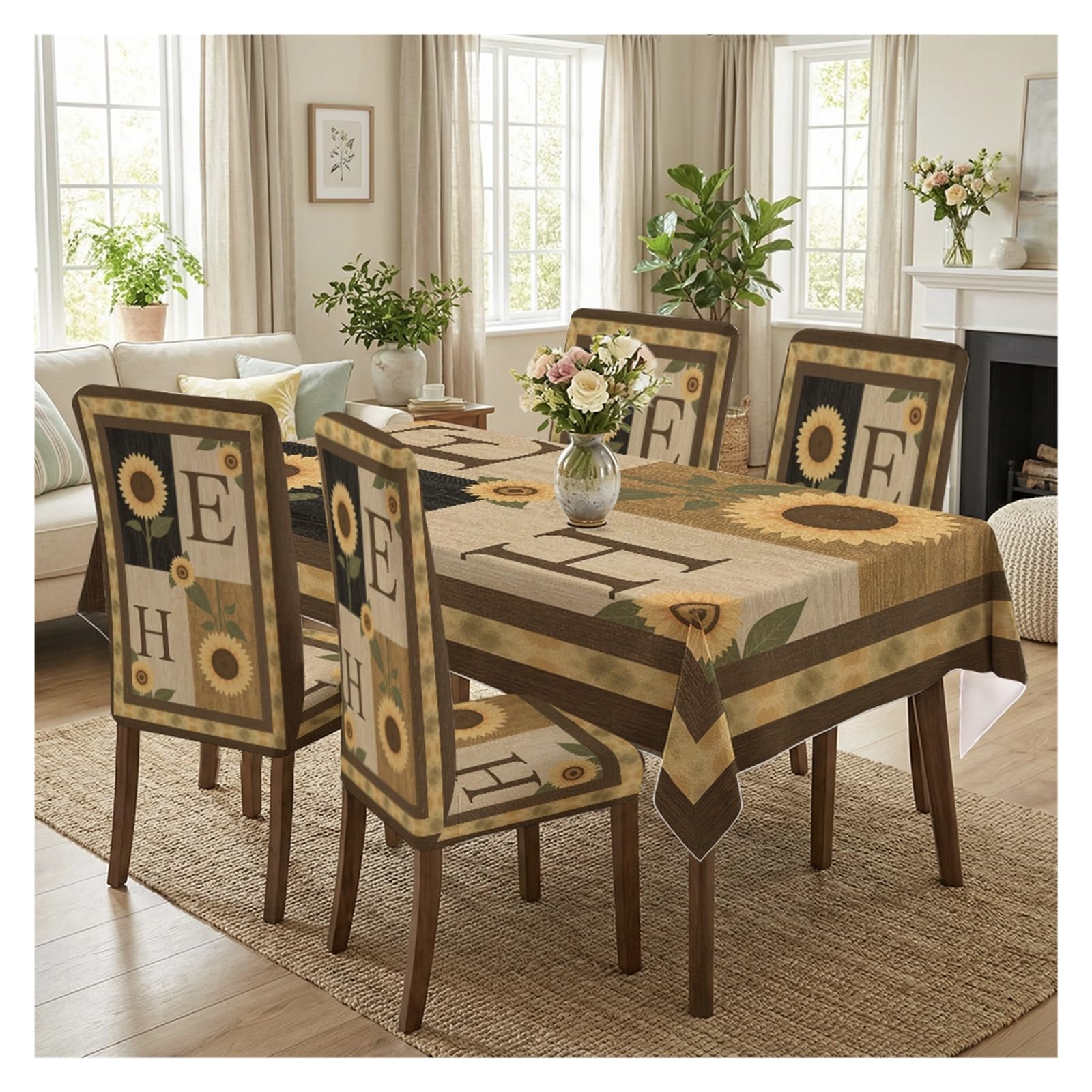 KXUAUV Stretch Dining Chair Slipcover & Tablecloth Set, Sunflower Patchwork Print, 5/7 Pack, Farmhouse Country Kitchen Rustic Dining Decor Party Decor(5pcs Set: Tablecloth+Chair Covers)