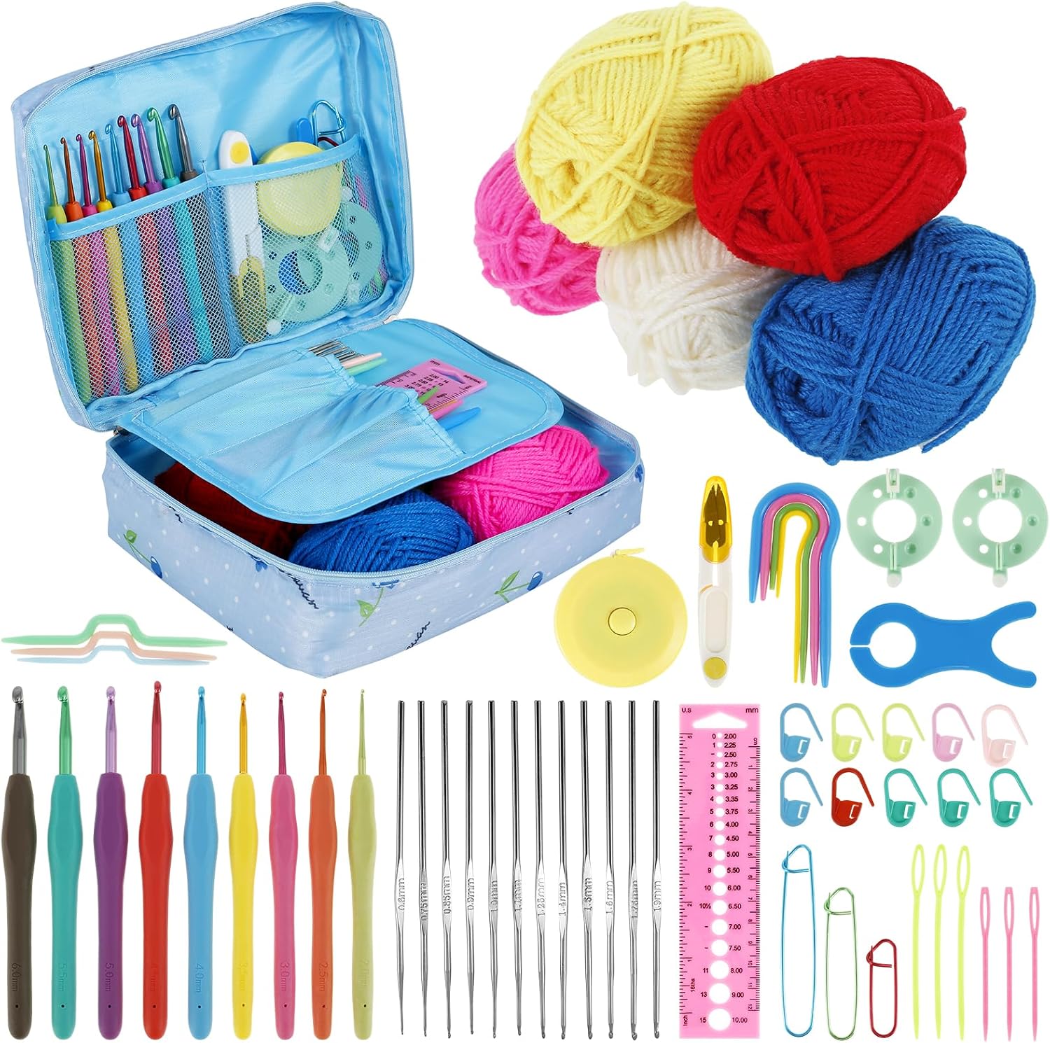 Abizarch 59Pcs Crochet Kit Portable Crochet Hook Set Colorful Crochet Starter Kit Complete DIY Crochet Accessories Set with 5 Yarn Metal Crochet Hooks Storage Bag for Adults Beginners