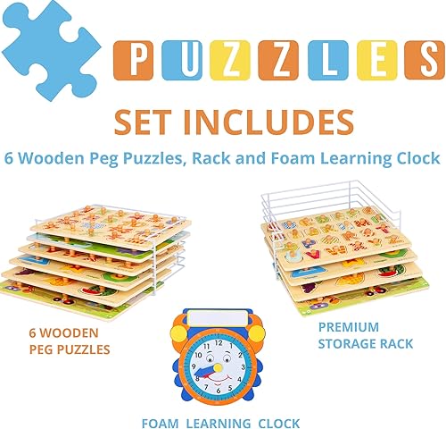 Miniatura 2 de Juego de rompecabezas y estante de madera para niños  paquete de 6 unidades con soporte de almacenamiento y reloj de aprendizaje  rompecabezas