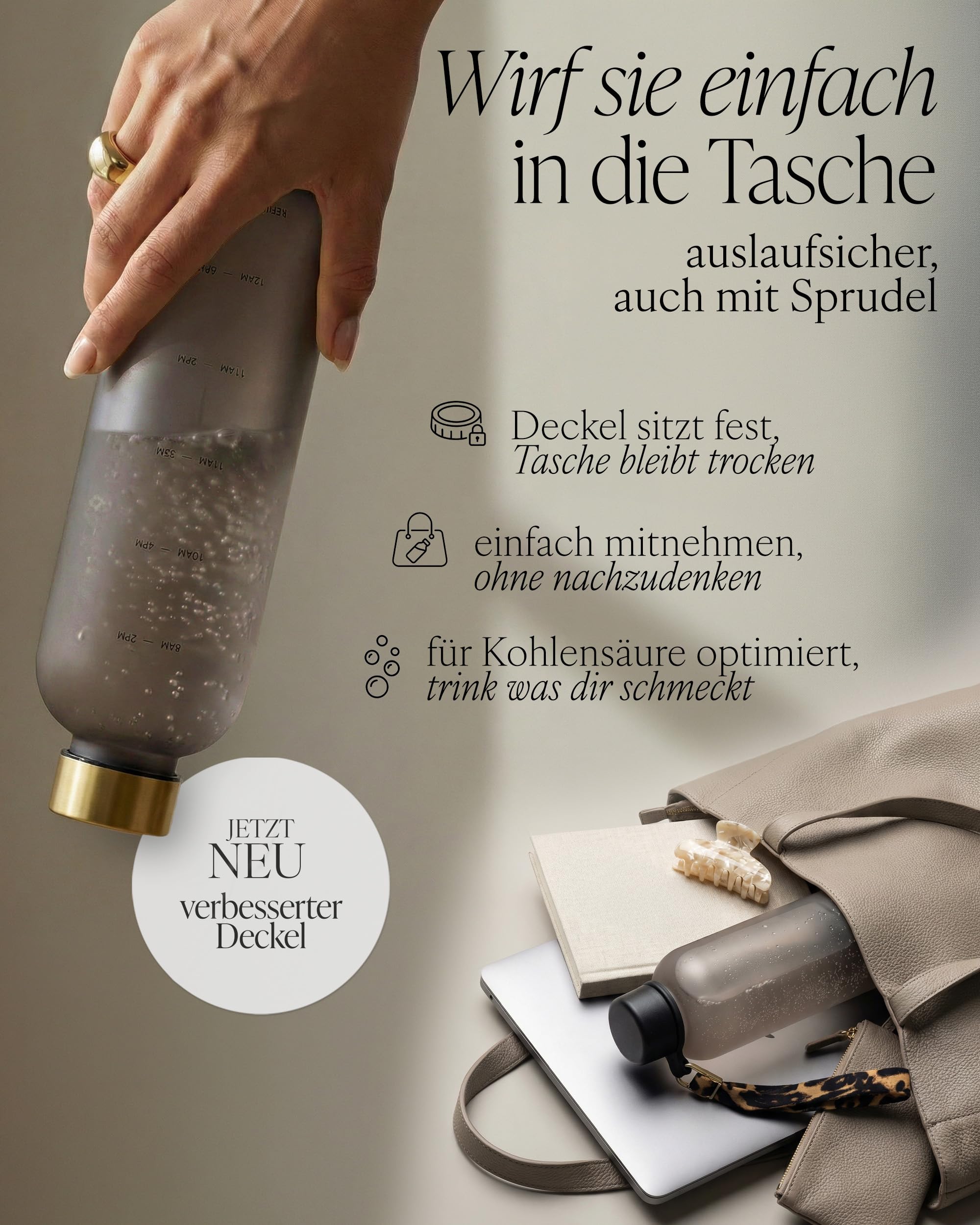 MAMEIDO Trinkflasche mit Zeitmarkierung 1 l (Urban Taupe Gold) | mit abnehmbarer Trageschlaufe, auslaufsicher & Kohlensäure geeignet, BPA-frei, ideal für Sport, Gym & Büro