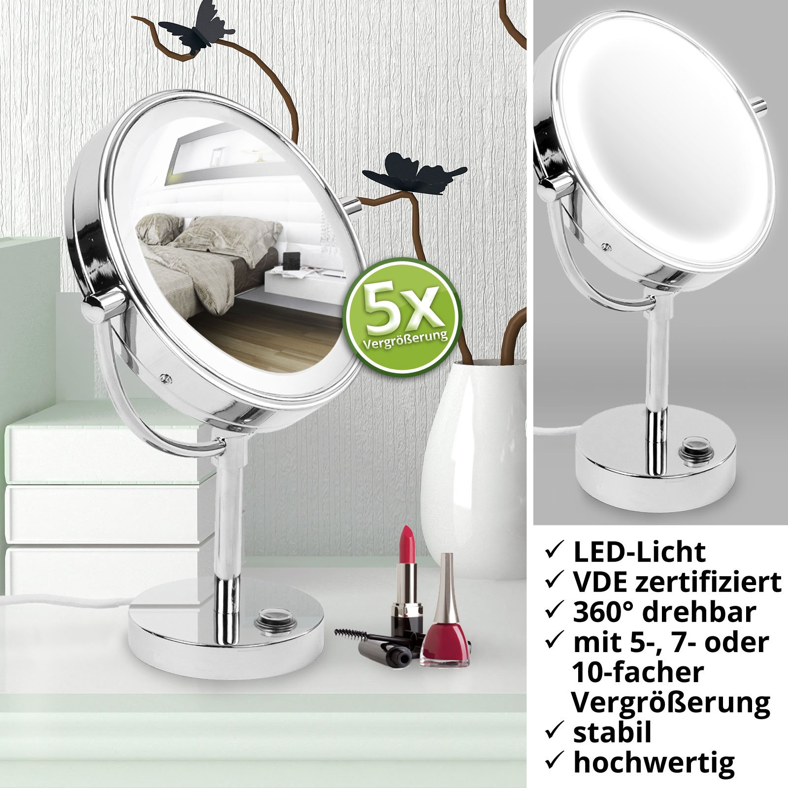 Casa Pura® - Specchio con piedistallo e LED, 3 gradi di