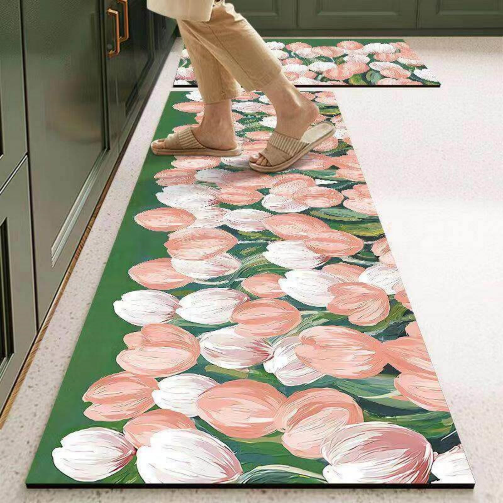 Tappeto Cucina 50X80Cm+50X60Cm Fiore Rosa Moderni Tappetini Da Cucina 2 Pezzi,Antiscivolo Impermeabile Tappeti Da Cucine,Lavabile, Adatto Per Corridoi, Cucine, Bagni