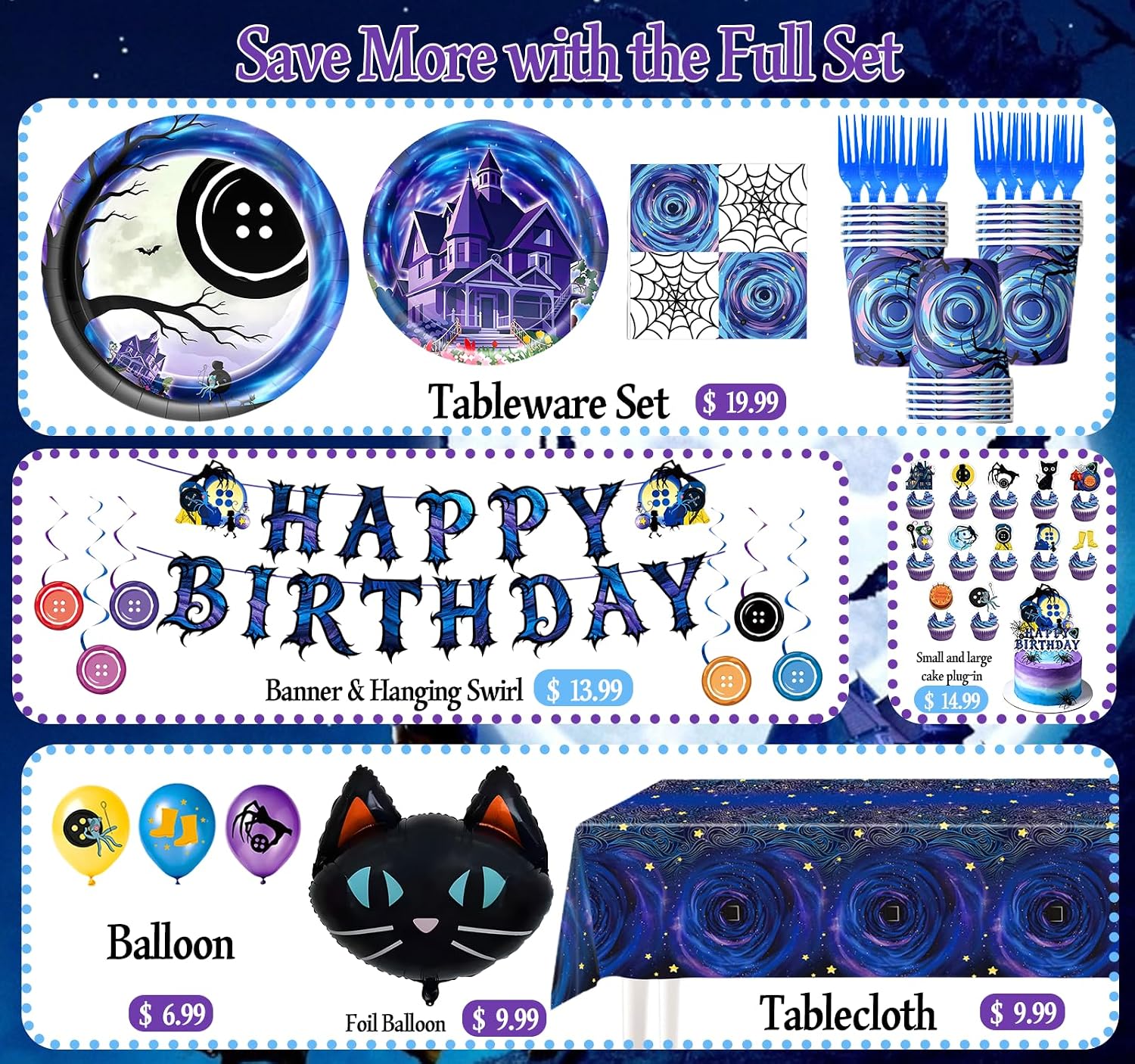 185PCS Horror Birthday Party Decorations, Ghost Button Birthday Party Supplies with Banner, Plates, Napkins, Cups, Tablecloth, Balloons, Cake Toppers, Hanging Swirls & Black Cat Foil Balloon (24Guest) image 3