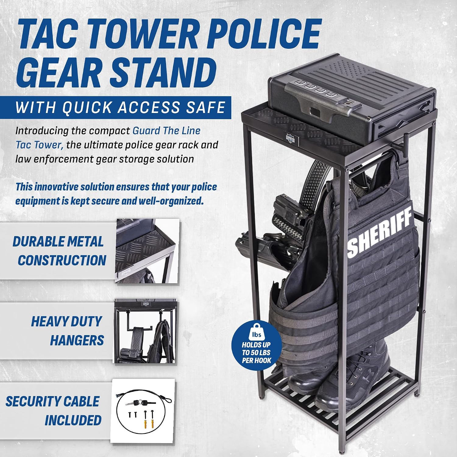 Tac Tower – Police Gear Rack with Quick Access Safe – American Flag Tactical Gear Stand – Law Enforcement Vest and Duty Belt Holder - Cop Caddy Valet Stand - Police Gift