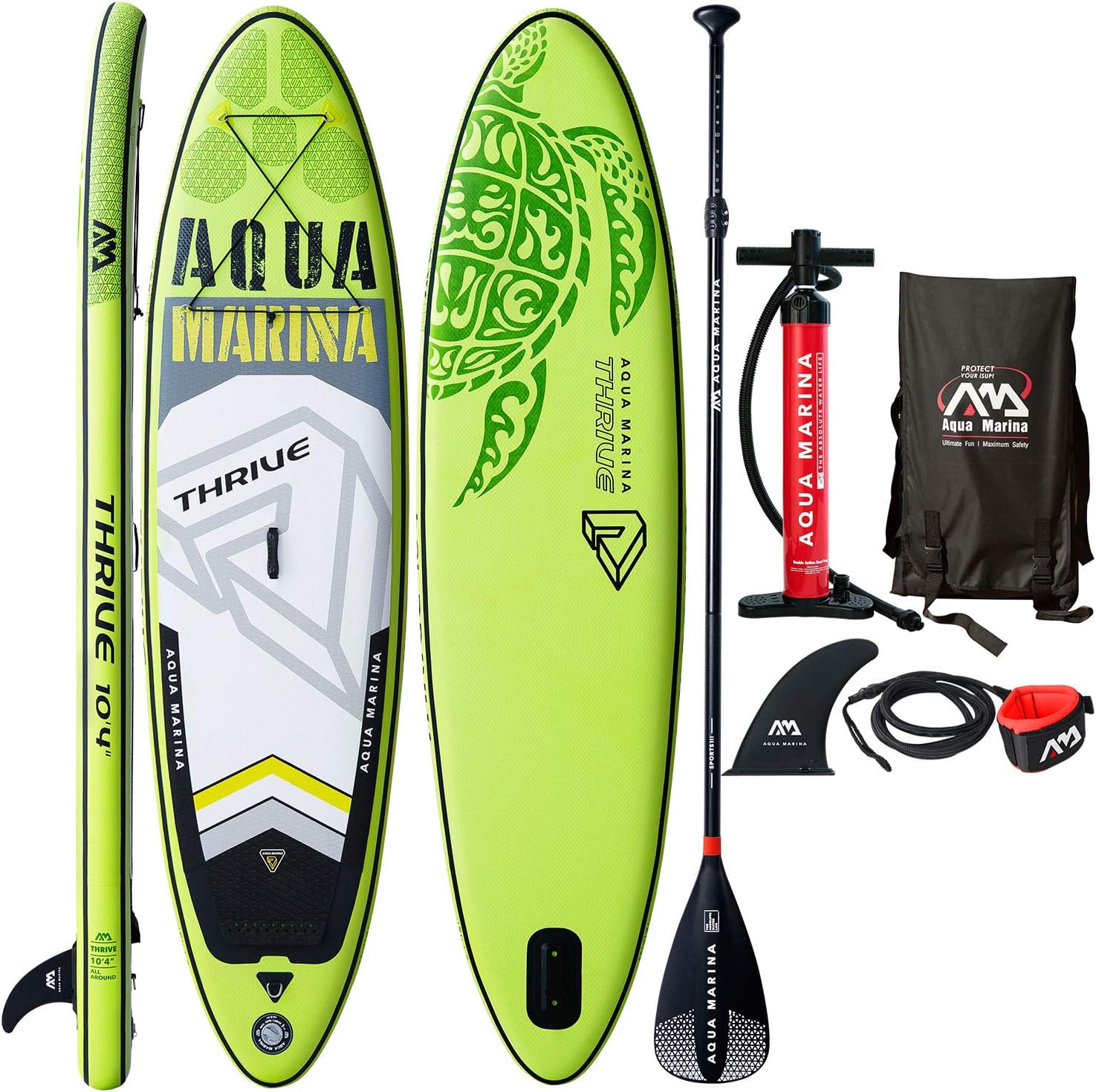 Aqua Marina Thrive 10'4" Inflatable Stand Up Paddle Board (6" Thick) with Double Action Pump, Magic Backpack, Slide-in Center Fin, Sports III Paddle, Safety Leash, Bundle