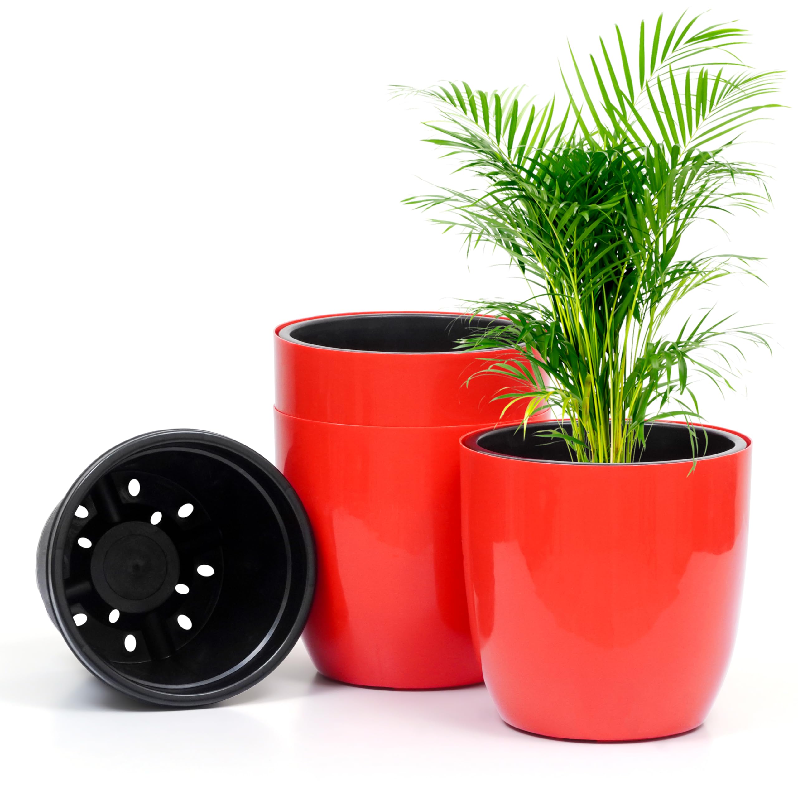 Livzing 11 inch Plastic Round Flower Pots Self Watering Pot with Drain Holes Gamla Gardening Plant Pot for Home Decor Planters for Indoor&Outdoor Plant Container Set Balcony-Terrace (Pack of 3, Red)