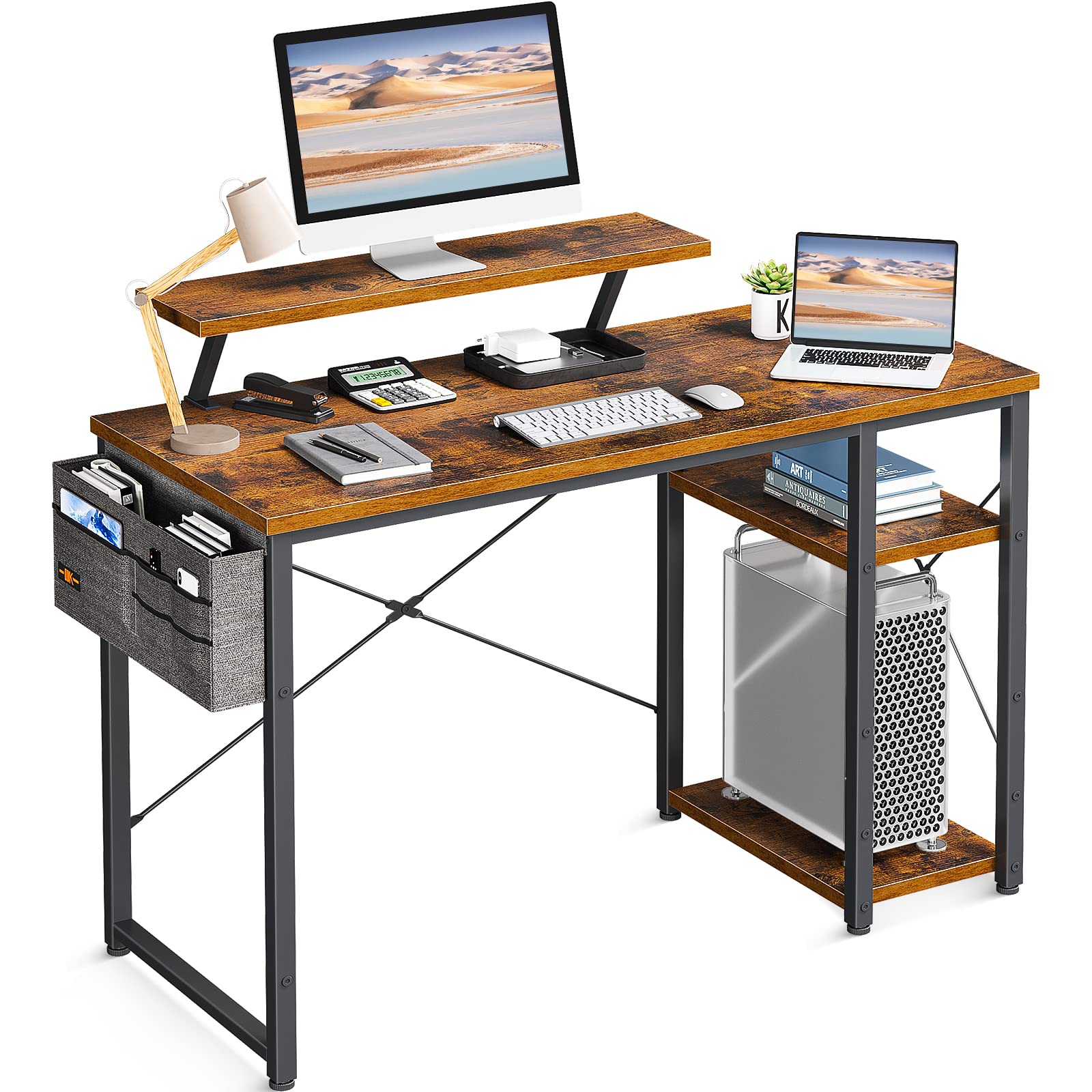 Photo 1 of ODK 40 Inch Computer Desk with Monitor Stand and Reversible 2-Tier Storage Shelves Home Office Desks, Work Study PC Office Desk for Small Spaces, Vintage Desk with Shelves 40 inch Vintage