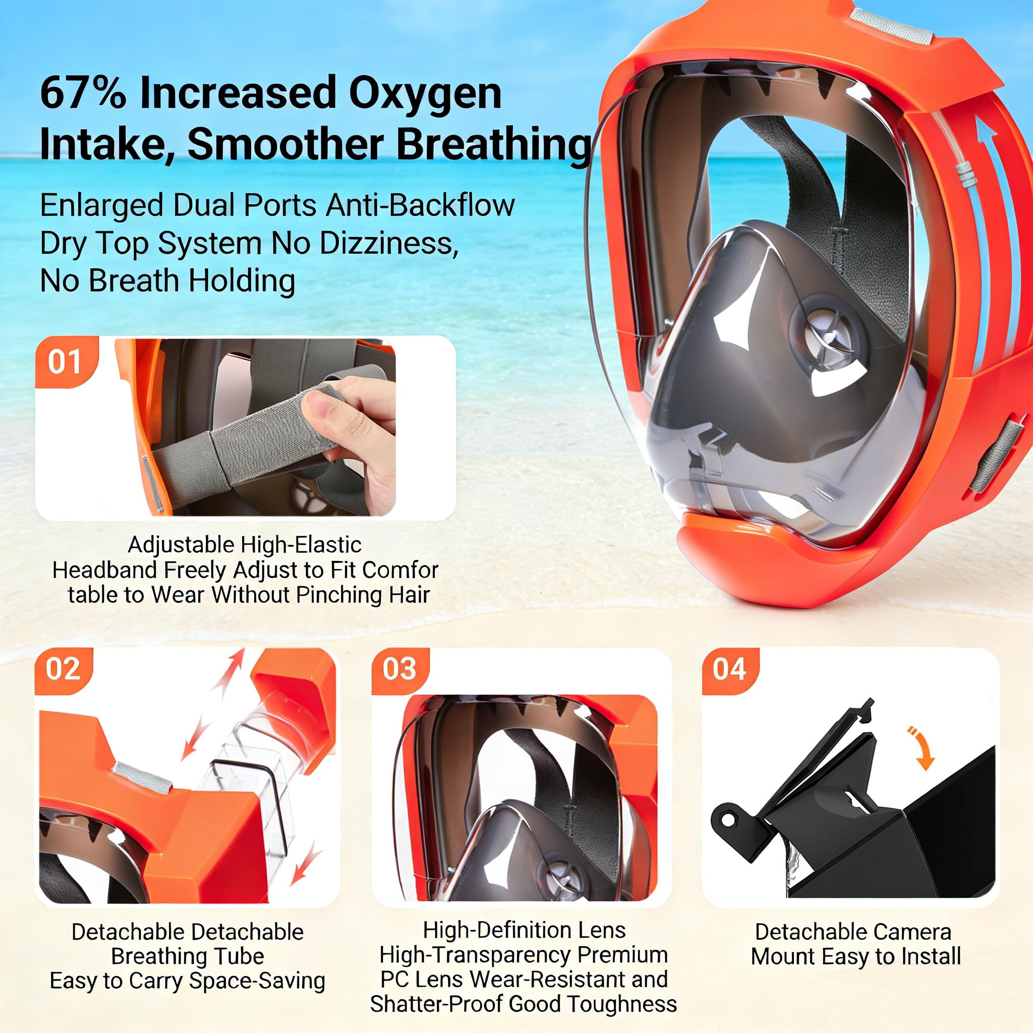 Máscara de Snorkel de Cara Completa, Tubo Lateral Mejorado con un 67 % más de Ingesta de oxígeno, máscara de Buceo antiescamas y antivaho, Vista panorámica de 180° para Adultos y Adolescentes