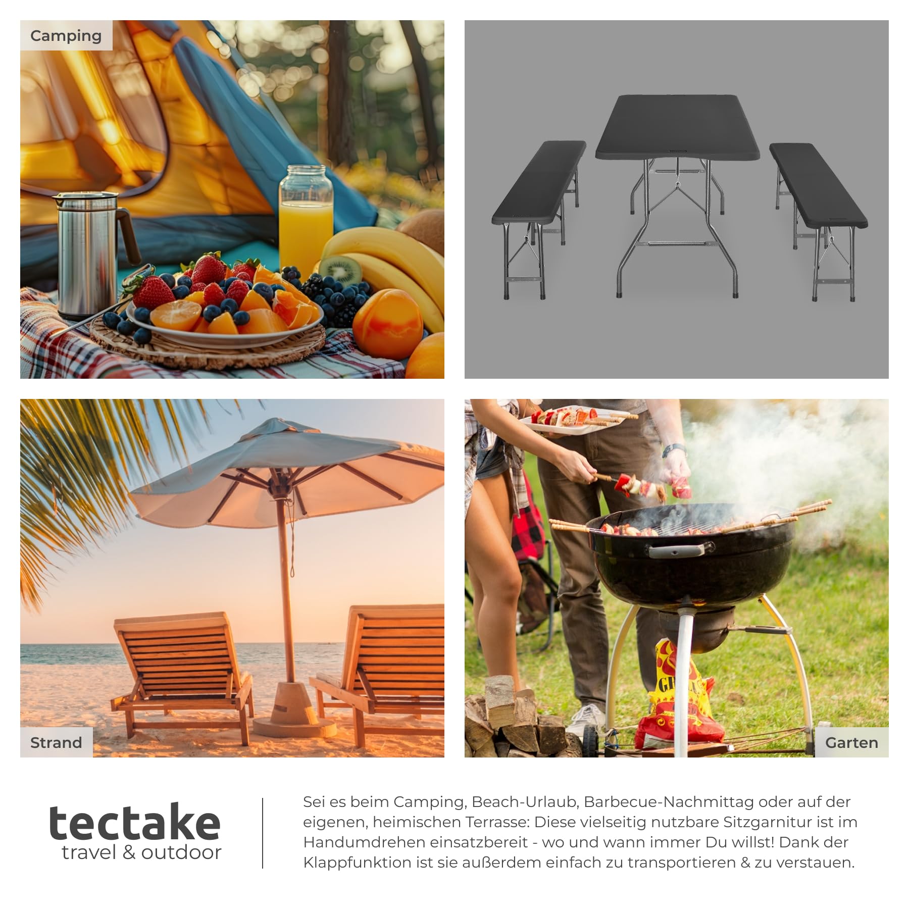 TecTake® wetterfeste Campingtischgarnitur für 8 Personen, Bank bis 250 kg belastbar, klappbar, wetterfest, robuster Kunststoff, Camping Set, Tischset, Outdoor Tischgarnitur, Campingmöbel – anthrazit | Bis zu 8 Personen, robuster Kunststoff, 500 kg Belastb