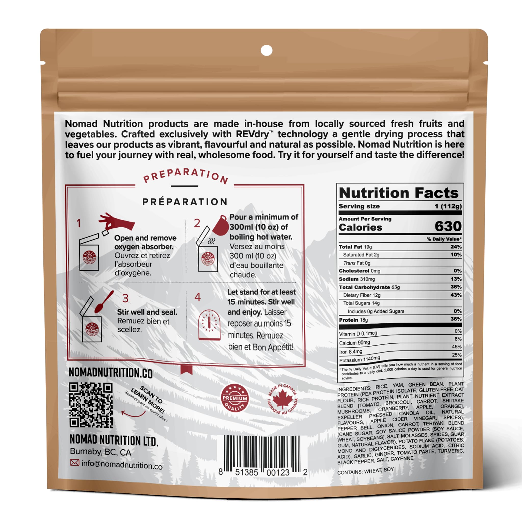 Nomad Nutrition Chick'n Teriyaki Bowl | Instant Freeze Dried Backpacking & Camping Food | Plant-Based, Non-GMO Hiking Meals with High-Energy, Vegan, Gluten-Free | 112g - 1 Pack