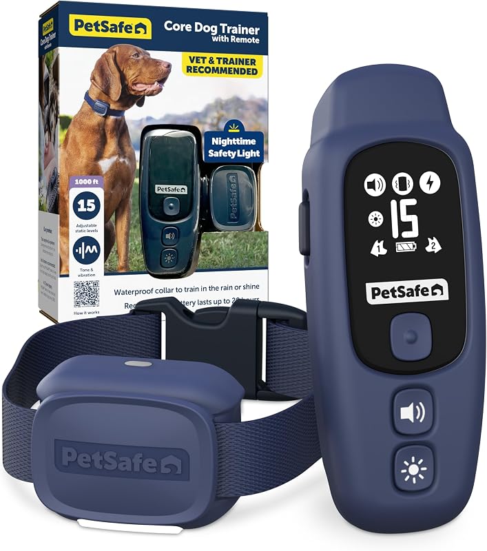 Collar remoto Core Dog Trainer, alcance de 1000 pies, 15 niveles estáticos | Tono/vibración//15 niveles de estática, collar impermeable, rango de 1000 pies para entrenamiento de obediencia sin correa