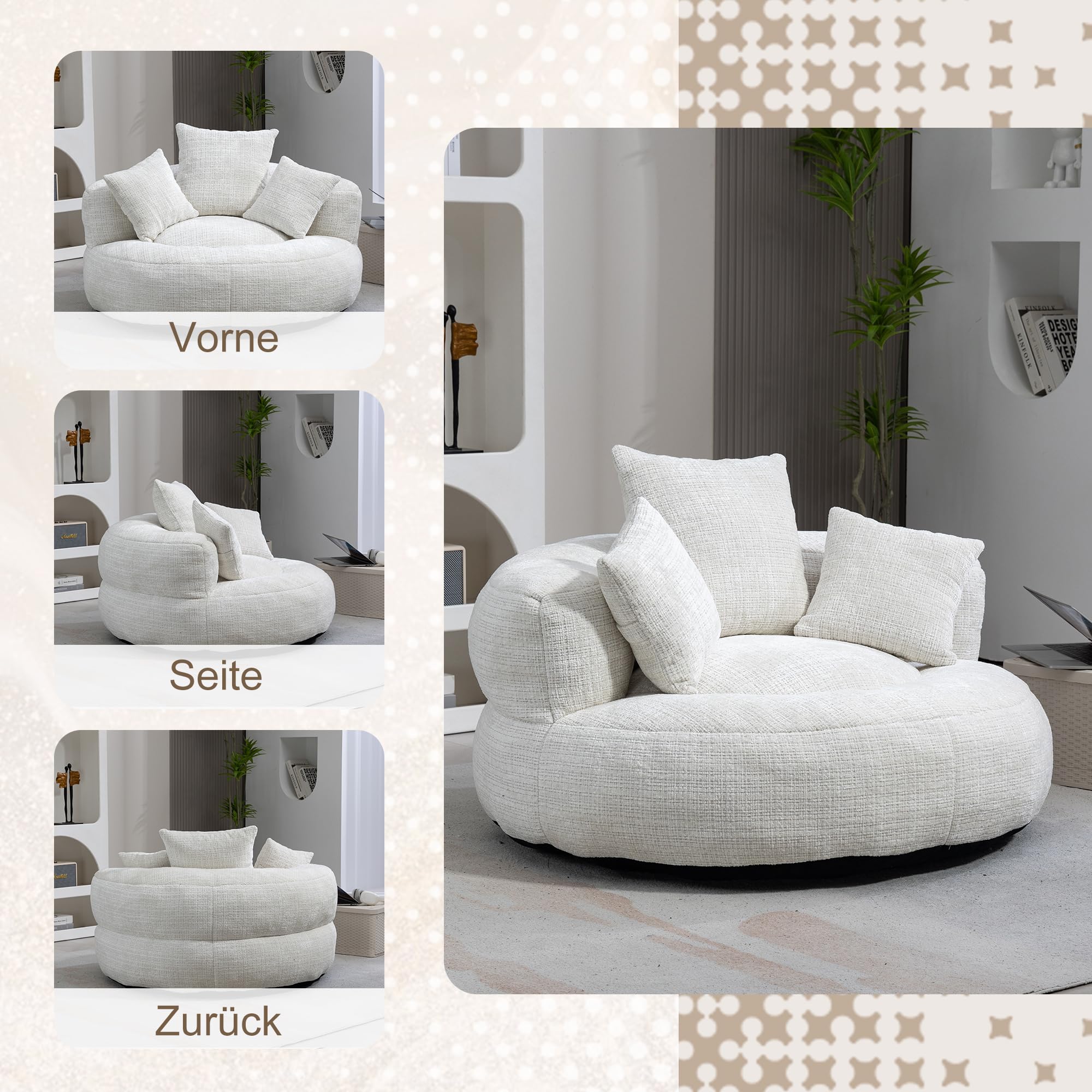 Piccolo divano, divano boneless con schienale alto e 3 cuscini | lounge pouf divano per gioco e relax | divano lazzy in ciniglia rivestimento per interni ed esterni (beige, senza montaggio)