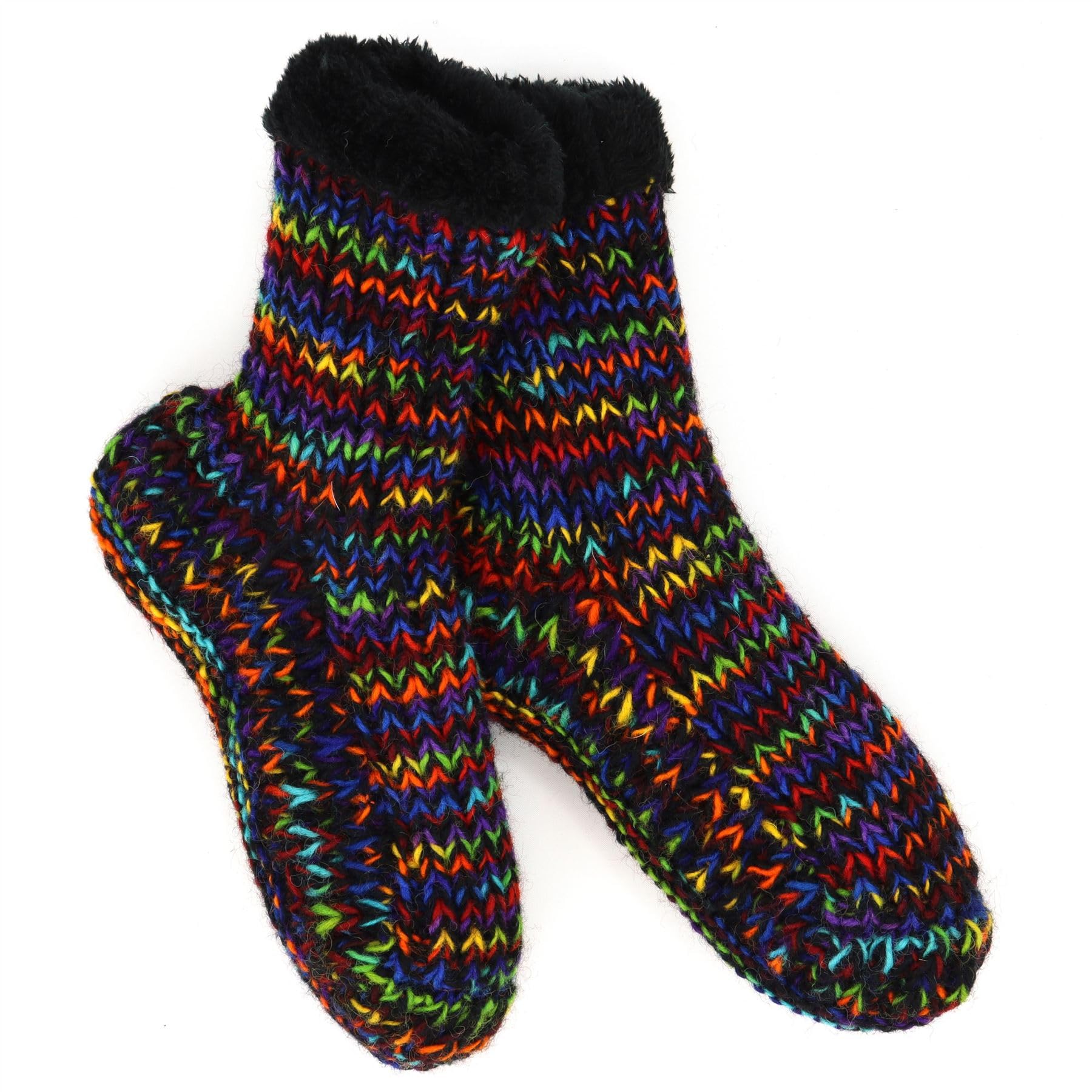 LOUDelephant Hand Knitted Wool Slipper Socks - SD Black Rainbow (Large)